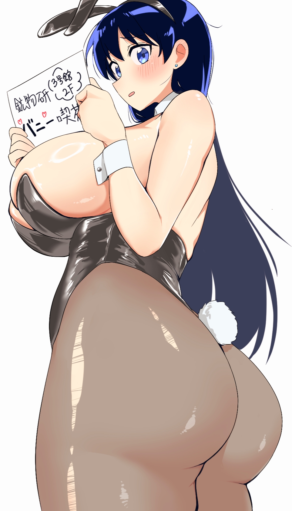1girls, about to burst, animal ears, arato nagi, ass, ass too big, barely contained, barely contained ass, barely contained breasts, barely fits, big ass, big breasts, black hair, black leotard, blue eyes, blush, breasts, breasts too big, bunny ears, bunny girl, bunny tail, bunnysuit, bursting breasts, clothing, curvaceous, curvaceous female, curvy, curvy female, earrings, fake animal ears, fake tail, female, highres, holding sign, huge ass, huge breasts, imiin, imminent wardrobe malfunction, large ass, large breasts, light skin, light-skinned female, long black hair, looking at viewer, looking down, open mouth, pantyhose, playboy bunny, ruri no houseki, sign, simple background, solo, solo female, standing, straining clothing, stud earrings, thick thighs, thighs, tight clothes, tight clothing, tight fit, tight fitting clothing, too tight, torn pantyhose, undersized clothes, undersized clothing, voluptuous, voluptuous female, white background, wide hips, wrist cuffs
