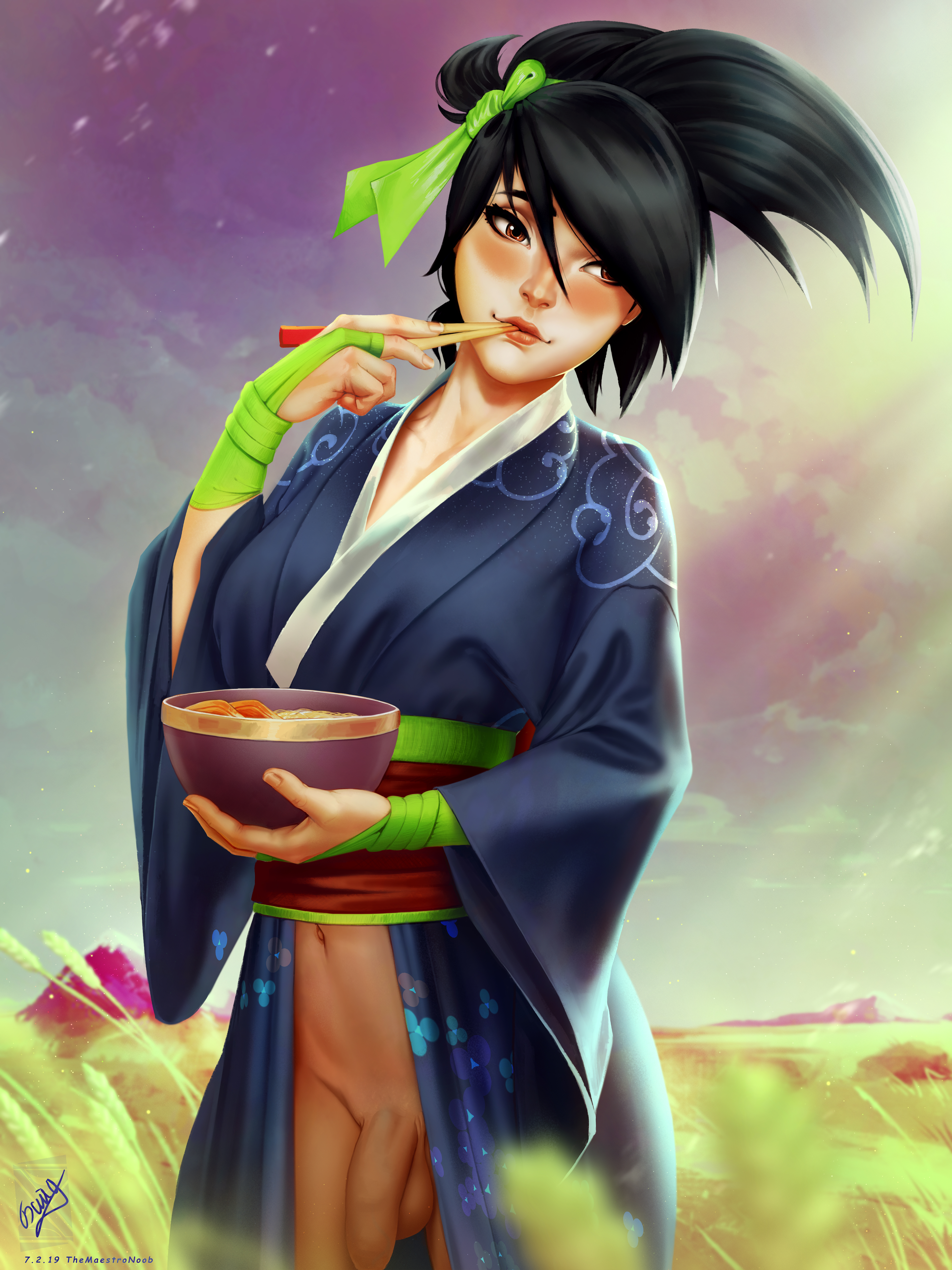 1futa, 2019, absurd res, akali, balls, belt, black hair, blush, body markings, bottomless, bowl, breasts, chopsticks, clothed, clothing, detailed background, eating, facial, flaccid, flaccid penis, futa only, futa sans pussy, futanari, green ribbon, green ribbons, hair, hair between eyes, hair ribbon, highres, intersex, japanese clothes, kimono, large breasts, league of legends, long hair, looking at viewer, navel, open clothes, penis, perky breasts, ponytail, ramen, red eyes, ribbon, ribbons, solo, solo focus, solo futa, standing, tattoo, themaestronoob, thighhighs, uncensored