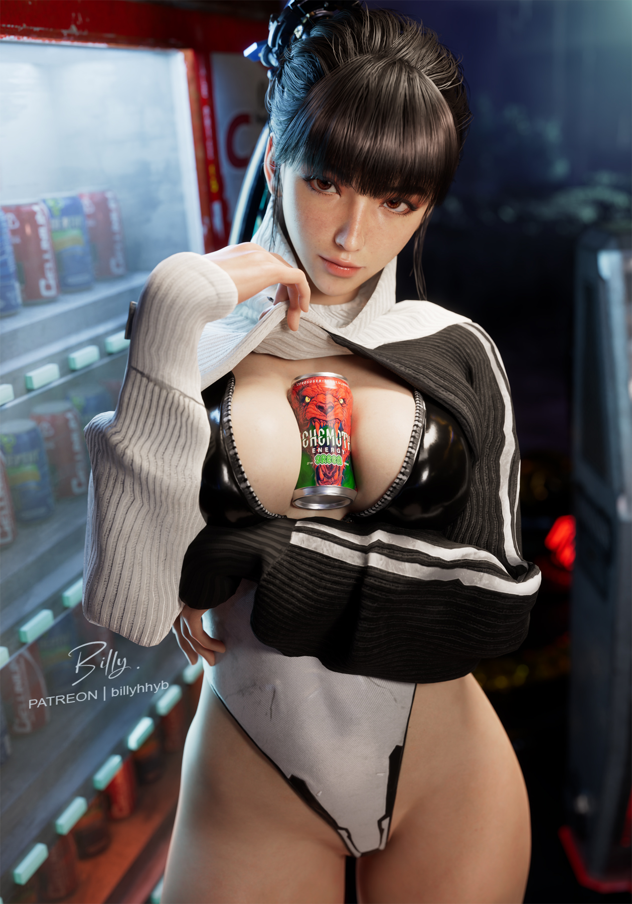1girls, 2025, 3d, arm under breasts, big breasts, billyhhyb, black hair, breasts, can, cleavage, detailed background, drink, eve (stellar blade), eyeliner, female, female only, front view, holding object between breasts, leotard, lifted by self, lipstick, long hair, looking at viewer, no nude, no nudity, non nude, non-nude, object between breasts, orange eyes, outdoors, solo, stellar blade, sweater, sweater lift, turtleneck, turtleneck sweater, very long hair