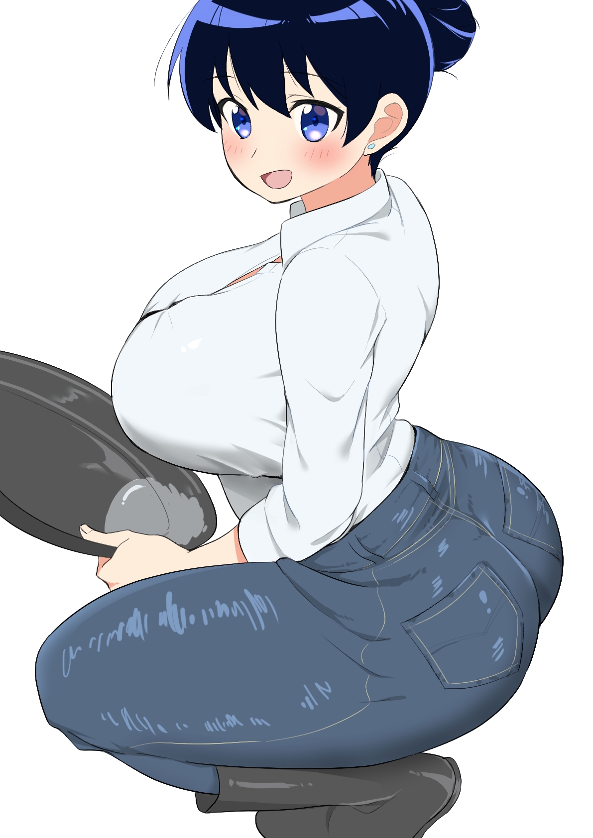 1girls, arato nagi, ass, big ass, big breasts, black boots, black hair, blue eyes, blue jeans, blush, boots, breasts, clothed, clothed female, collared shirt, curvaceous, curvaceous female, curvy, curvy female, denim, denim jeans, earrings, female, fully clothed, hair bun, highres, holding, holding object, huge ass, huge breasts, imiin, large ass, large breasts, light skin, light-skinned female, long sleeves, looking at viewer, open mouth, pants, ruri no houseki, shirt, simple background, smile, solo, solo female, squatting, squatting position, stud earrings, taut clothes, taut pants, thick thighs, thighs, three-quarter sleeves, tied hair, voluptuous, voluptuous female, water, white background, white collared shirt, white shirt, wide hips