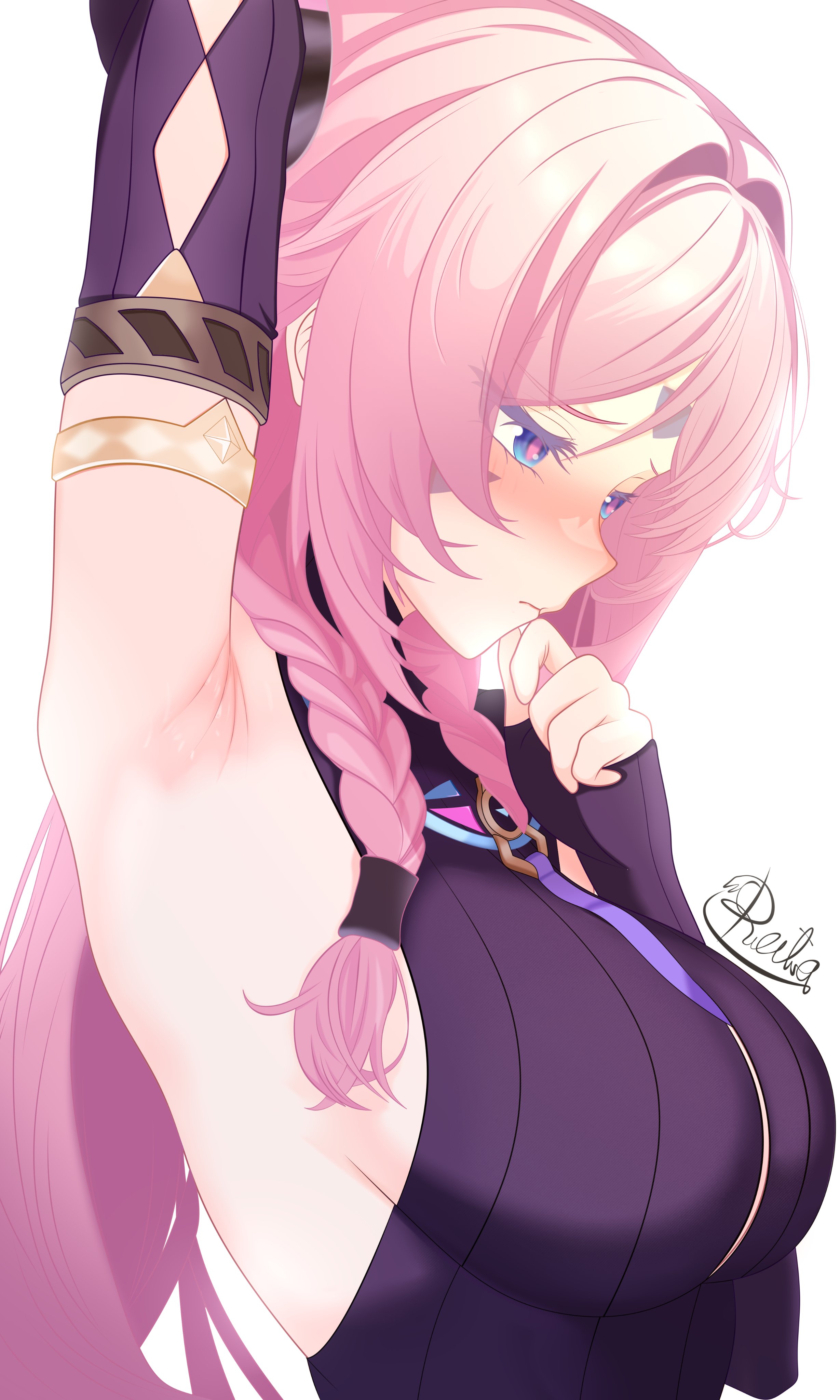 1girls, armpit fetish, armpits, arms up, blush, citlali (genshin impact), clothed, clothed female, detailed armpit, female, female only, genshin impact, hoyoverse, long hair, mihoyo, pink hair, reila nii, sfw, simple background, very high resolution, white background