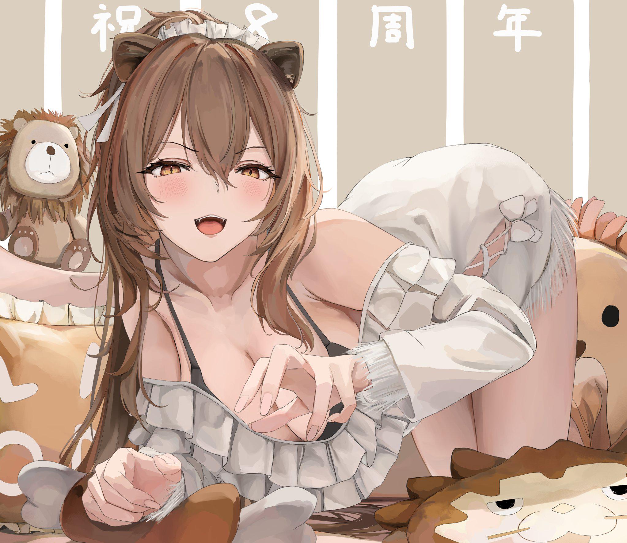 :d, 2d, all fours, animal ears, azur lane, bare shoulders, black bra, blush, bra, breasts, brown eyes, brown hair, cg, cleavage, collarbone, dress, fangs, female, frills, hair between eyes, large breasts, lion, lion (azur lane), lion ears, lion girl, long hair, long sleeves, looking at viewer, off shoulder, open mouth, pillow, ponytail, smile, solo, stuffed animal, stuffed toy, tagme, underwear, white dress