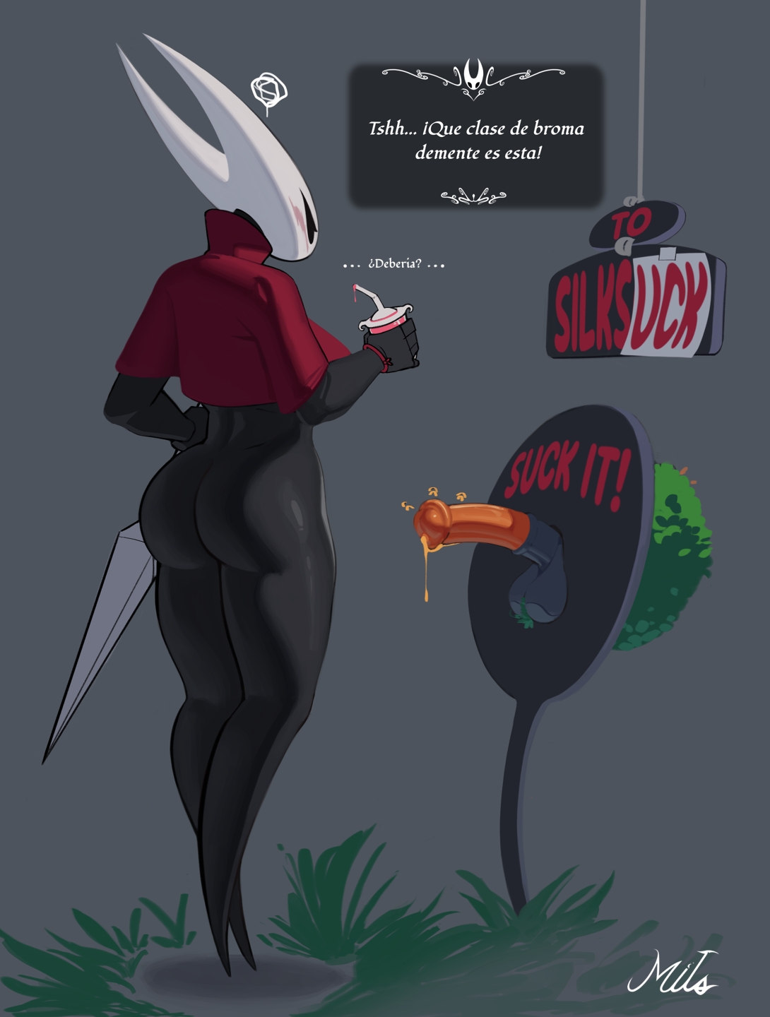 1boy, 1girls, 2 horns, alternate body type, alternate breast size, arthropod, artist name, ass, big ass, big breasts, big butt, black body, black skin, breasts, bubble ass, bubble butt, bug, bug girl, female, hollow knight, hollow knight: silksong, hornet (hollow knight), large ass, large breasts, large butt, male, mitiz-art, silksong, spanish, spanish text