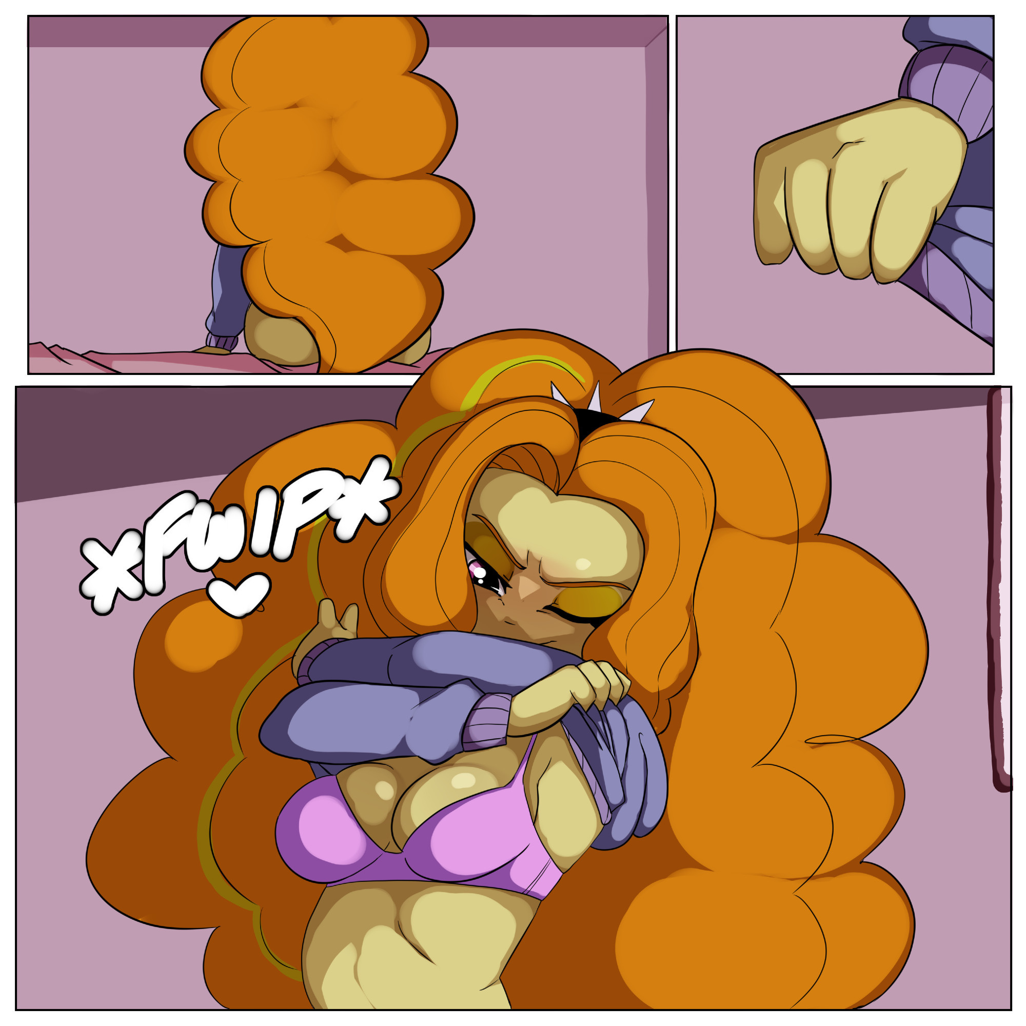 1girls, 2025, adagio dazzle, big hair, bra, breasts, bsky link, comic page, equestria girls, female, inuyuru, my little pony, no ai, no dialogue, orange hair, pink bra, revealing breast, solo, taking clothes off, undressing, yellow skin