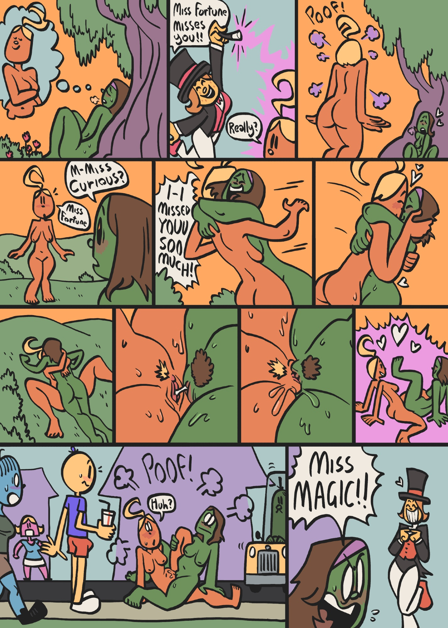 ass, breasts, embarrassed, female, hugging, little miss curious, little miss fortune, little miss magic, mr. men, nude, pussy, samrockwell420, scissoring, yuri