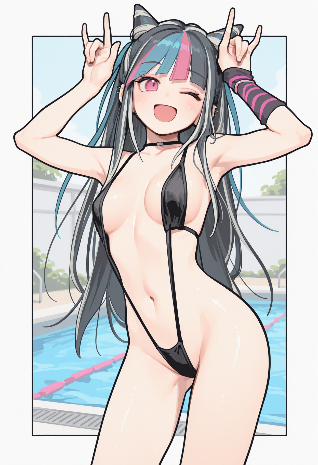 ;d, 1girls, artist request, bikini, black swimsuit, cute, cute face, danganronpa, danganronpa (series), danganronpa 2: goodbye despair, ear piercing, goth, goth girl, happy, happy female, kawaii, mioda ibuki, outside, pool, punk, punk girl, skimpy bikini, skimpy clothes, sling bikini, slingshot swimsuit, super danganronpa 2, swimsuit, swimwear, tagme