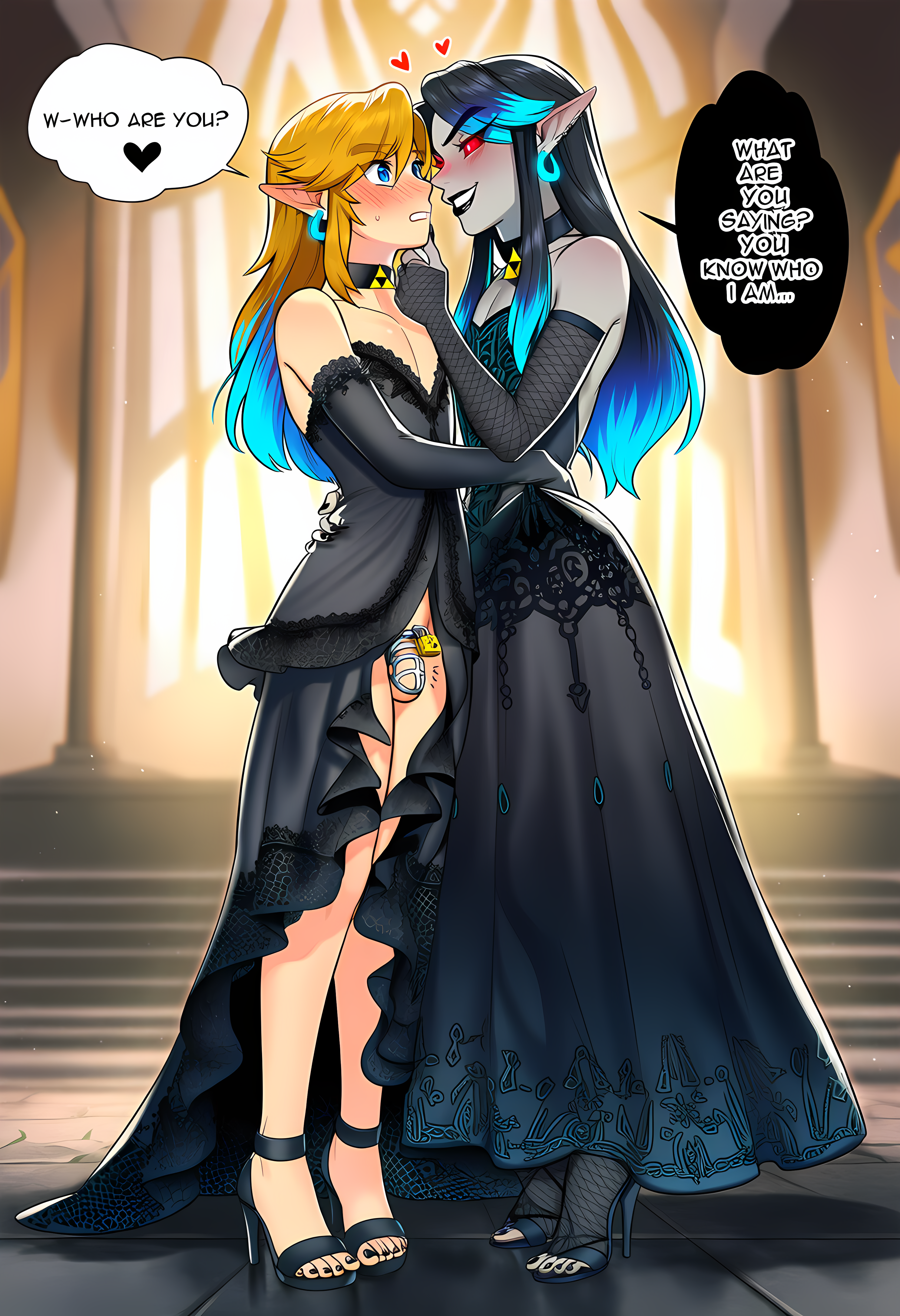 1boy1girl, ai art, ai generated, alternate costume, bare legs, black nails, black toenails, blue eyes, blue hair, blush, caged cock, chastity cage, choker, crossdressing, dark hair, dark skin, dark zelda, dark-skinned female, earrings, elf ears, female, female domination, femboy, femdom, feminine male, feminization, flushed, gold hair, goth girl, heart, holding chin, holding hips, link, long hair, luxica, male, malesub, nintendo, novelai, penis, princess zelda, red eyes, sissy, smirk, submissive male, text, text bubble, the legend of zelda, triforce, twilight princess, waist grab