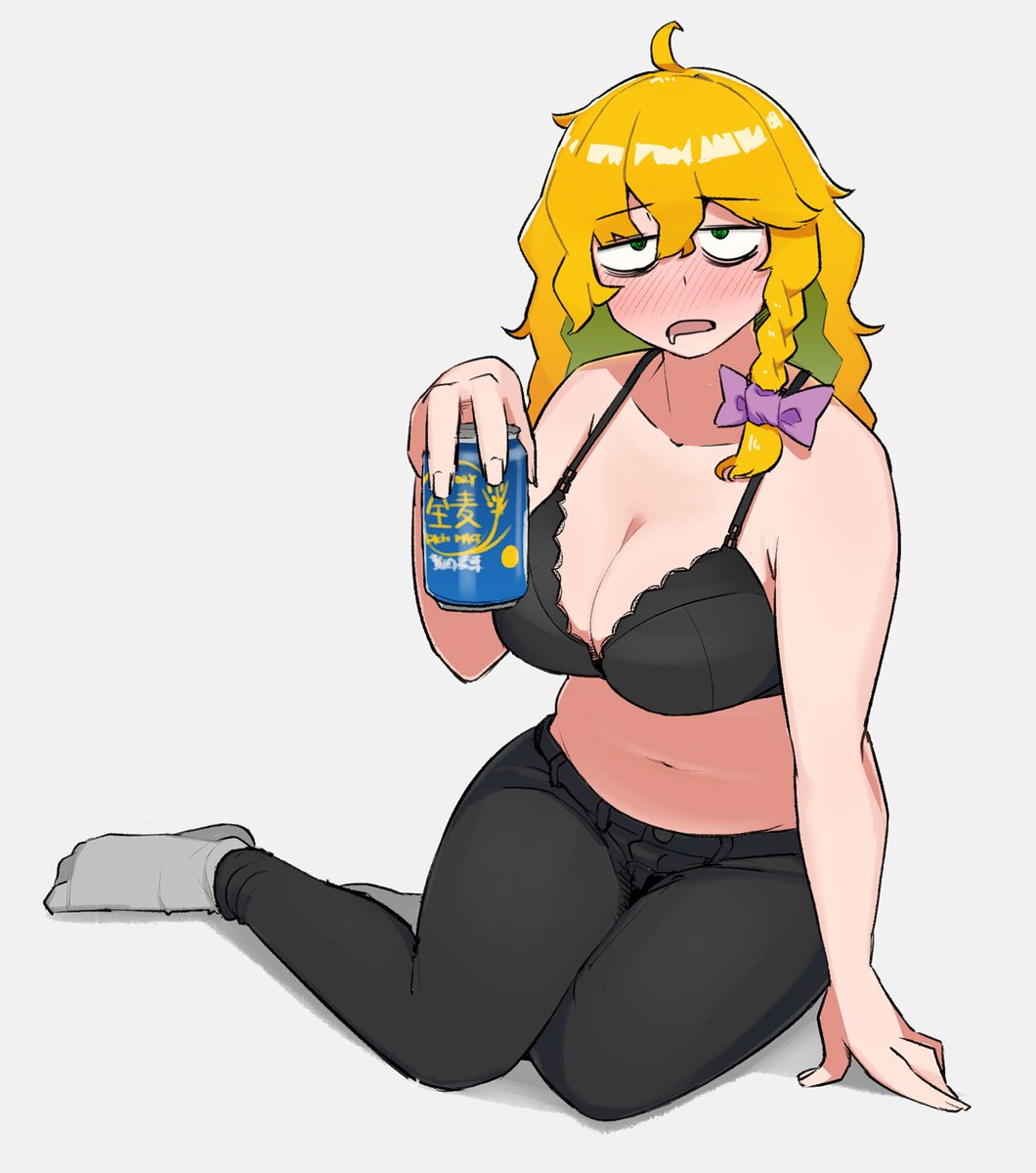ahoge, bags under eyes, beer can, black bra, black pants, blonde hair, blush, bow, bra, braid, breasts, can, cleavage, cookie (touhou), drink can, drunk, female, full body, green eyes, grey background, grey socks, hairbow, highres, holding, holding can, kirisame marisa, large breasts, long hair, looking at viewer, mars (cookie), navel, no shirt, ohasi, open mouth, pants, plump, purple bow, side braid, simple background, single braid, sitting, socks, solo, touhou, underwear, unknown source