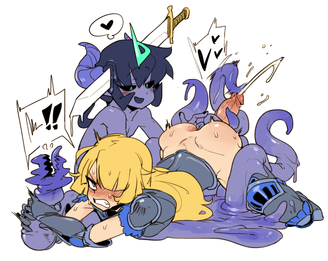 2boys, armor, ass, bottomless, cum, cumshot, docu (doppel), doppel, doppel (pixiv), femboy, fingering, gay, horns, knight, large penis, long hair, male, male only, multiple boys, multiple males, penis, slime, sword, tentacle, tentacle on male, trap, trap on trap, weapon, yaoi