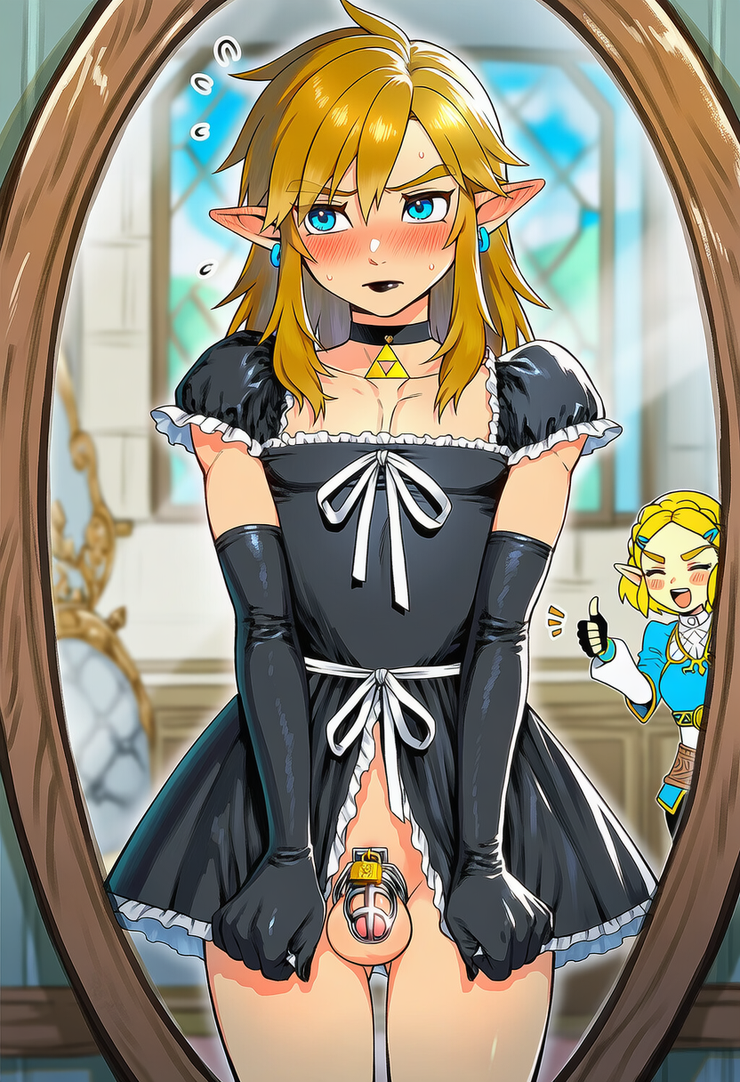 admiring self, ai art, ai generated, bare legs, black lipstick, black makeup, blue eyes, blush, caged cock, chastity cage, choker, crossdressing, earrings, elf ears, female supporting crossdressing, femboy, feminine male, feminization, flushed face, gloves, gold hair, hairless penis, hylian, link, lipstick, long hair, looking away, luxica, maid uniform, makeup, male, mirror, nintendo, novelai, penis, princess zelda, shy, sissy, tears of the kingdom, the legend of zelda, thumbs up, trap, triforce, twink, zelda (tears of the kingdom)