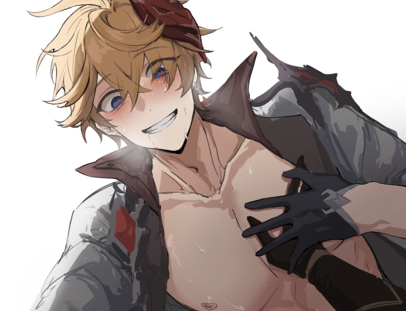 aether (genshin impact), blue eyes, blush, childe (genshin impact), drooling, flushed, flushed cheeks, flushed face, flustered, gay, genshin impact, ginger, ginger hair, ginger male, hand grab, hand on chest, heart-shaped pupils, male, male chest, male only, nipples, obsessed, pretty boy, tartaglia (genshin impact)