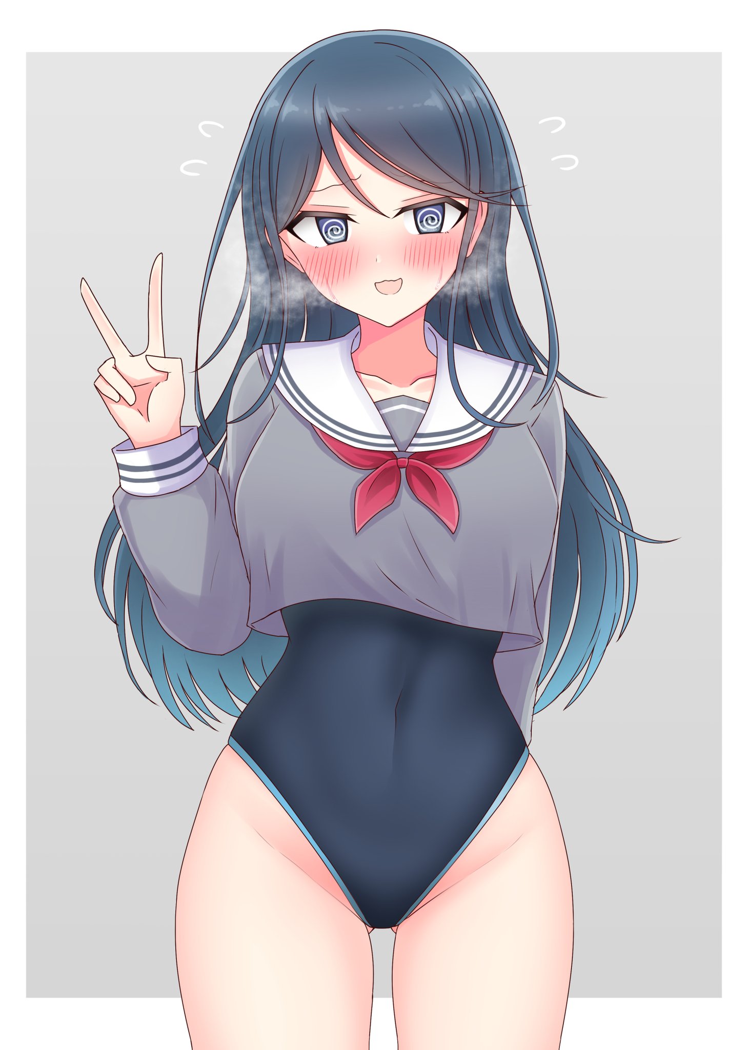 black hair, blush, blushing at viewer, chiaki himanagi, hoshino ichika (project sekai), long hair, peace sign, project sekai, school uniform, sukumizu, swimsuit, tagme