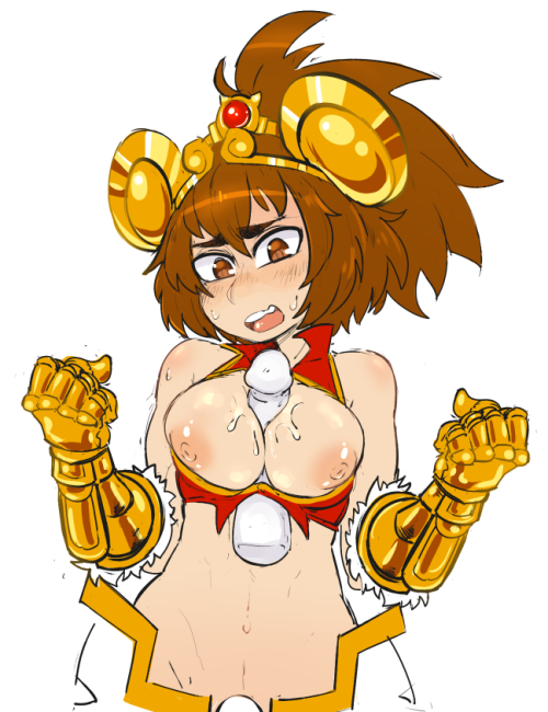 1boy 1boy1girl 1girls areolae armor arms_up belly bikini_top blush bottomless bottomless_female breasts breasts_out brown_hair cum cum_between_breasts cum_on_breasts disembodied_penis embarrassed female fists_clenched gloves gold_gloves hair_ornament kuu_(battle_cats) long_gloves looking_at_viewer male medium_breasts medium_hair metal_gloves open_mouth paizuri ponytail red_eyes senatorwong shoulders simple_background standing_paizuri standing_sex stomach sweat the_battle_cats titjob white_background