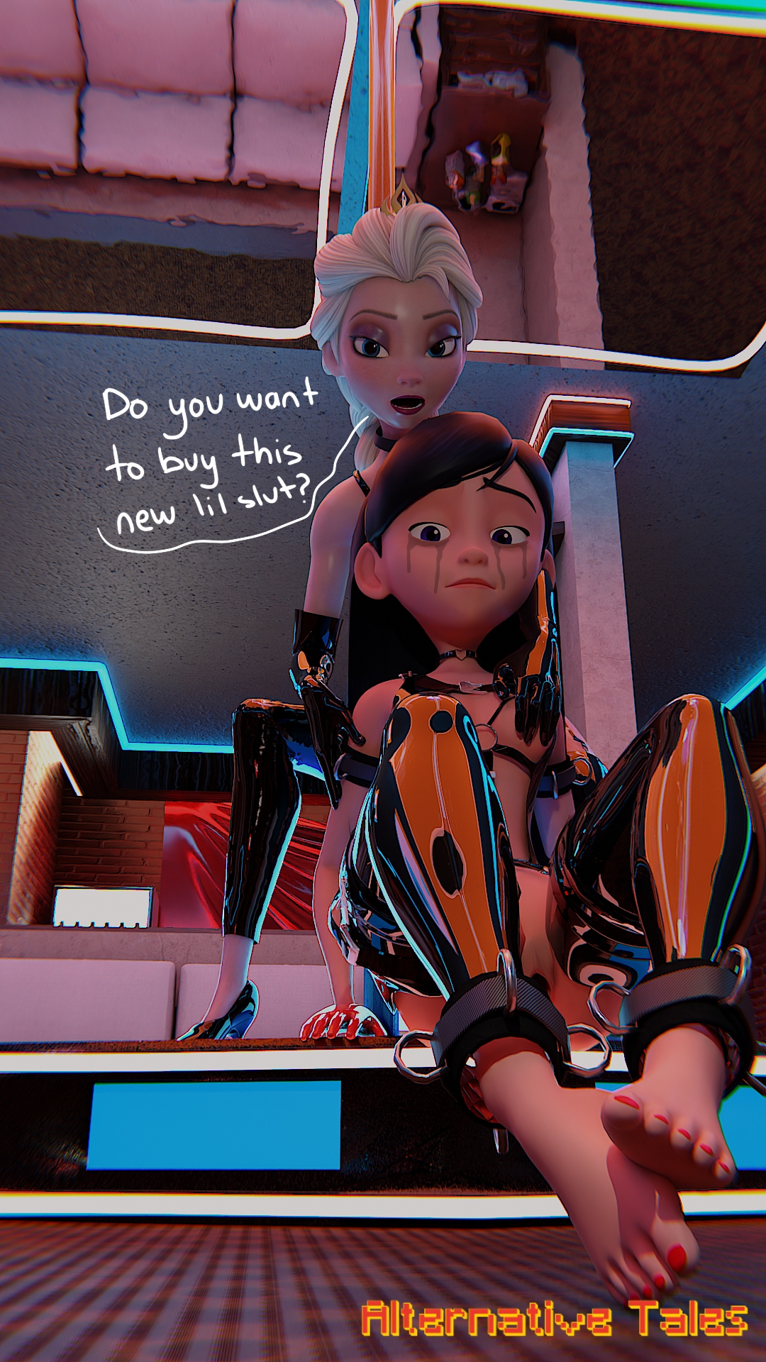 2girls, 3d, alternative tales, club, domination, dominatrix, dominatrix outfit, elsa (frozen), english text, feet, feet up, female, female only, foot fetish, foot focus, high heels, latex, latex clothing, latex gloves, latex suit, multiple girls, nail polish, nails, nails painted, slave, slave girl, slave outfit, text, the incredibles, violet parr