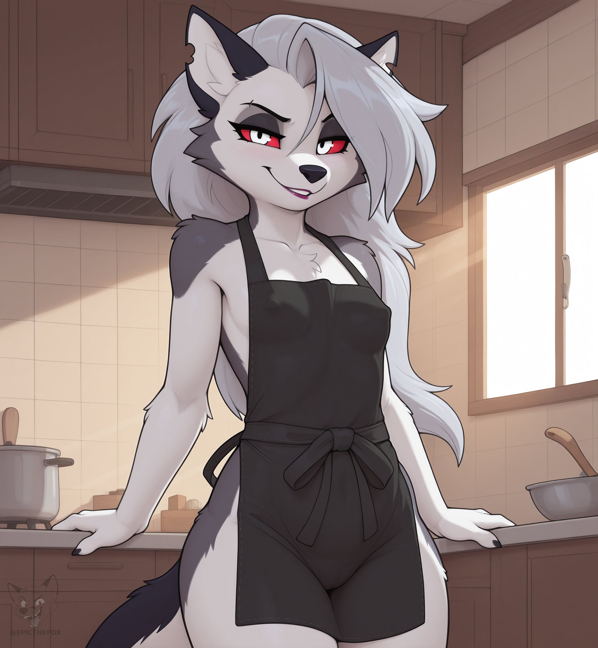 ai generated, anthro, apron, apron only, black body, black clothing, black fur, black nose, breasts, cabinet, canid, canid demon, canine, canis, claws, clothing, cooking pot, demon, erect nipples, female, fluffy, fluffy tail, fur, furry, grey body, grey fur, hair, hellhound, helluva boss, hi res, kitchen, loona (helluva boss), mammal, mostly nude, nipple outline, nipples, red sclera, silver hair, solo, watermark, white body, white eyes, white fur, window, wolf