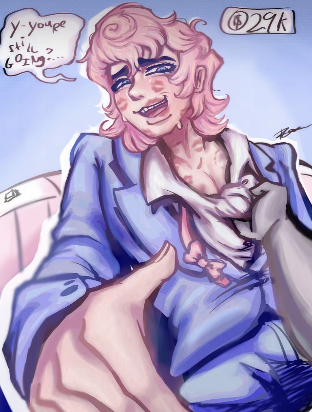 1boy, ambiguous gender, anon, bloodmoney, blue eyes, bowtie, bulge, clothed, coercion, english text, grabbing by collar, hand out, harvey harvington, imminent rape, kiss mark, lovemoney, male, male/ambiguous, pink hair, speech bubble, suit, tagme, text