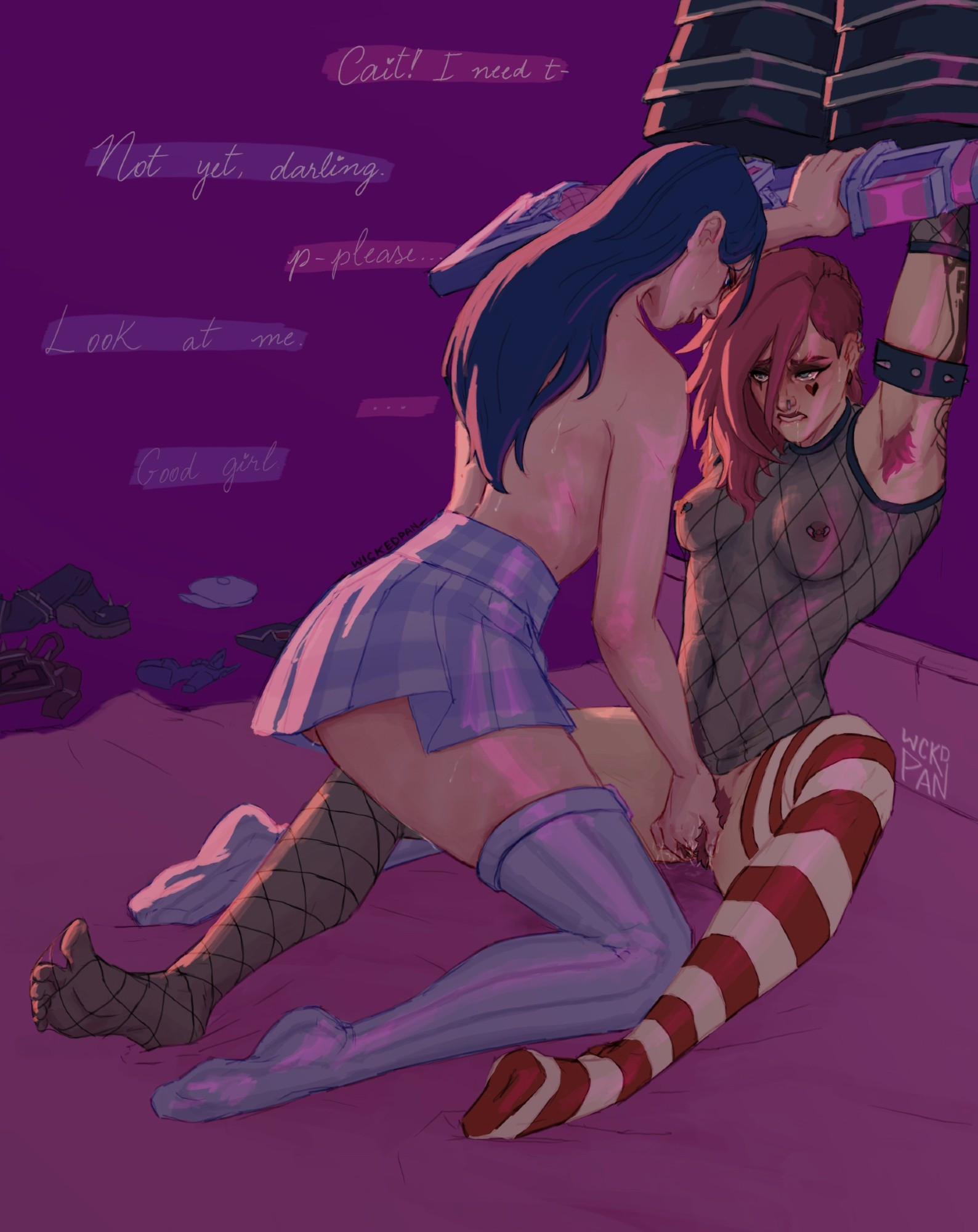 arcane, arcane caitlyn, arcane vi, armpit hair, blue hair, caitlyn kiramman, female, female armpit hair, fingering, fingering partner, fingering pussy, league of legends, long socks, pinned to wall, pussy, red hair, socks, tattoos, text, text bubble, vi, wickedpan, yuri