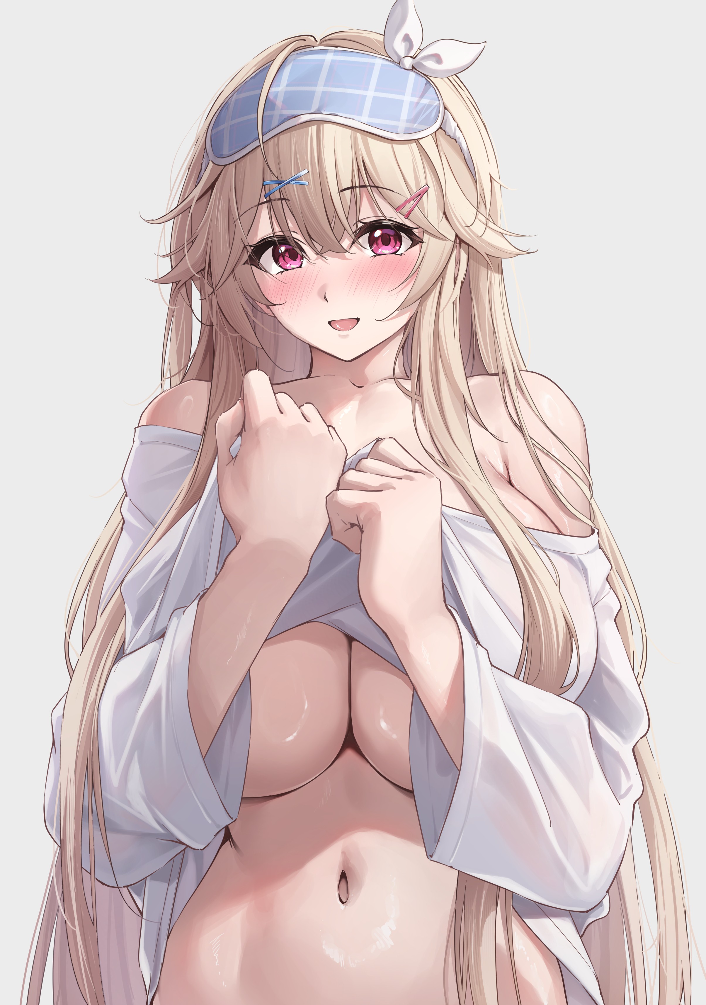 anchorage (azur lane), anchorage (sweet evening milk) (azur lane), azur lane, bare shoulders, blonde hair, blush, breasts, cg, cleavage, clothes lift, female, hair between eyes, hair ornament, hairclip, huge breasts, large breasts, lifted by self, long hair, long sleeves, looking at viewer, naked shirt, navel, off shoulder, open mouth, pink eyes, red eyes, shirt, shirt lift, simple background, sleep mask, smile, solo, stomach, underboob, upper body, very long hair, white background, white shirt