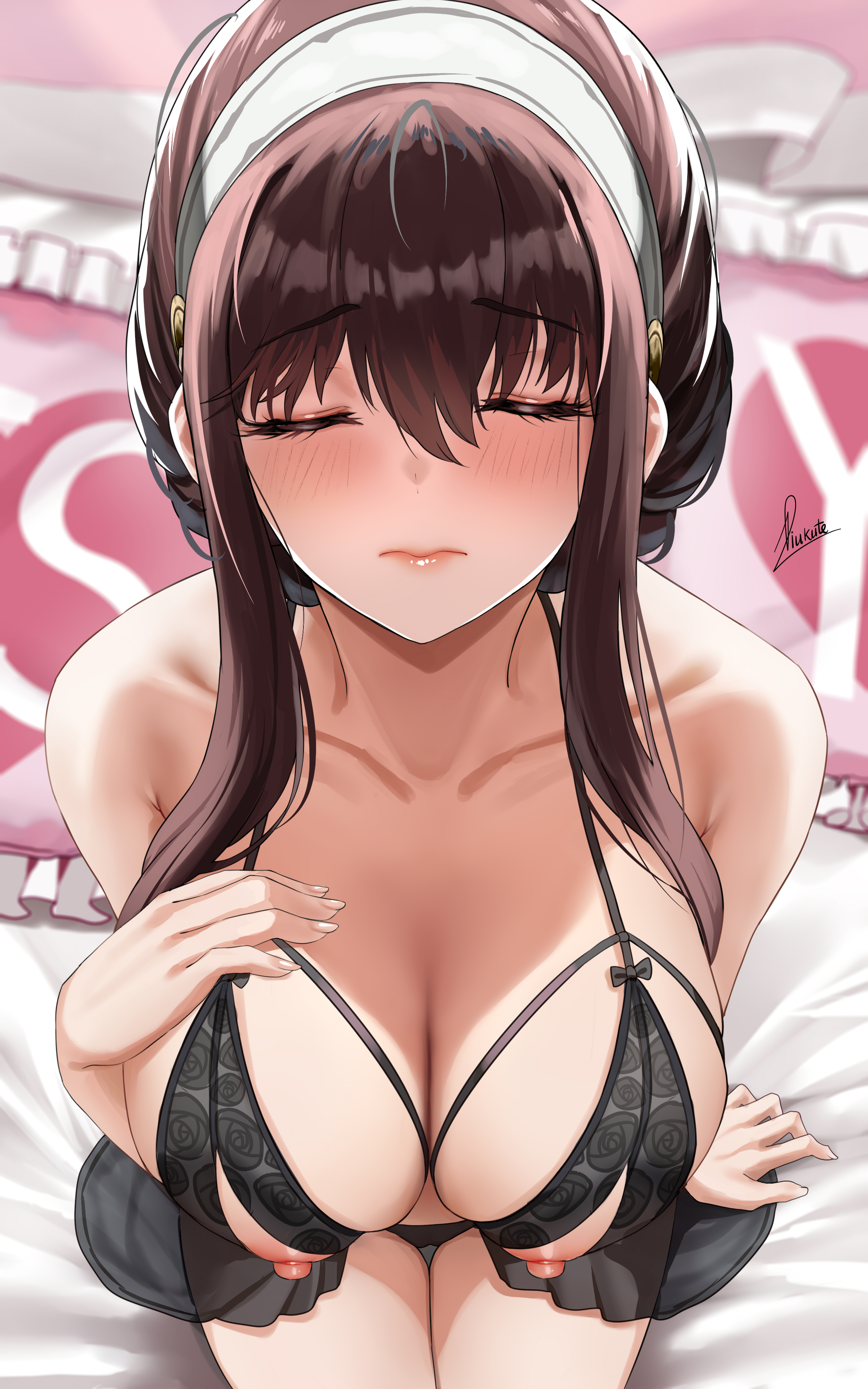 bare shoulders, black bra, black hair, black panties, blush, bra, breasts, cg, cleavage, closed eyes, closed mouth, collarbone, cupless bra, facing viewer, female, from above, hair between eyes, hairband, hand on own chest, large breasts, lingerie, lips, long hair, nippleless clothes, nipples, panties, pillow, piukute062, sidelocks, signature, sitting, solo, spy x family, thigh gap, thighs, underwear, underwear only, white hairband, yes, yes-no pillow, yor briar, yor forger