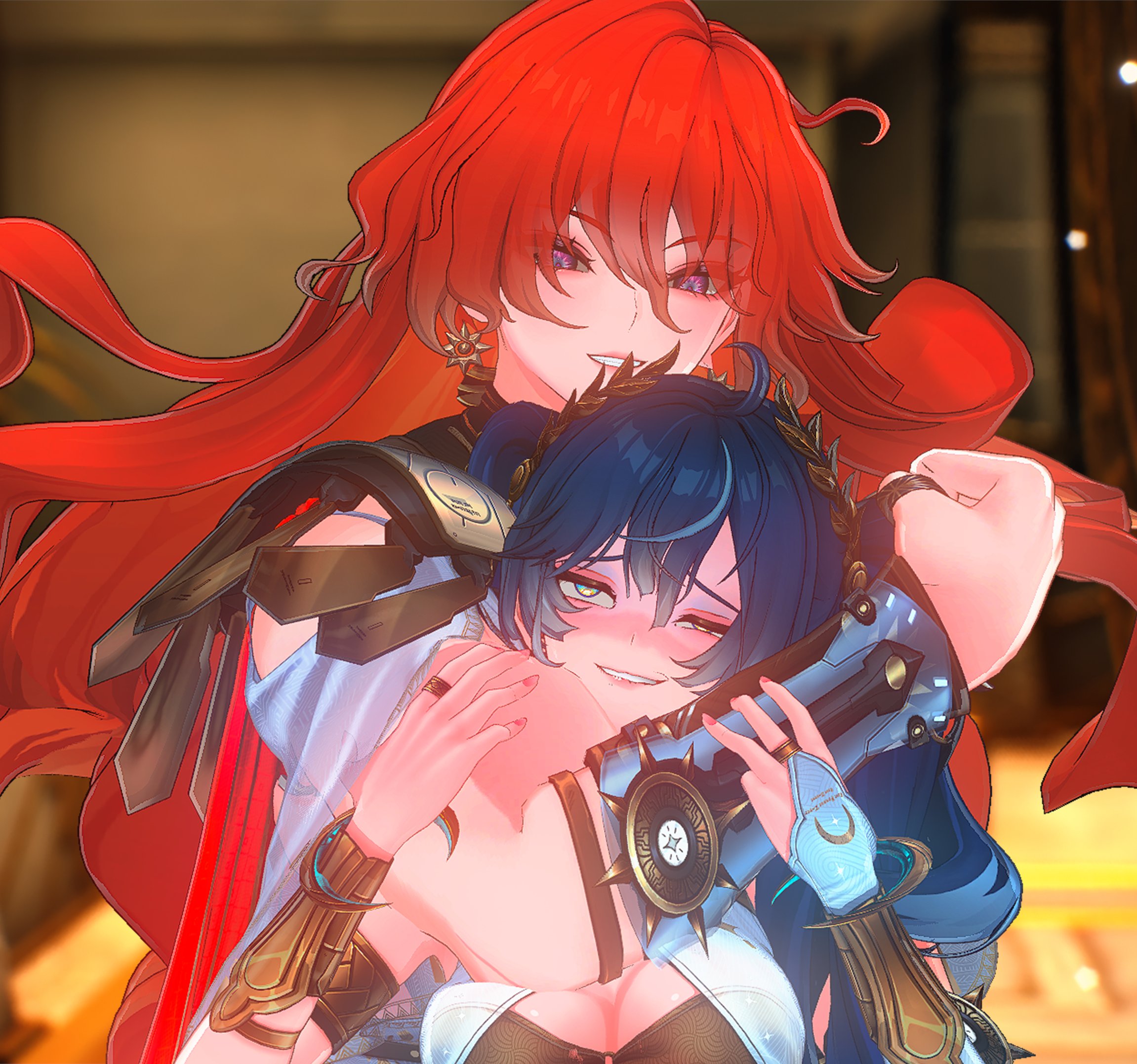 asphyxiation, augusta (wuthering waves), biceps, blush, choking, dominant female, female, height difference, iuno (wuthering waves), larger female, muscular, muscular biceps, muscular female, red hair, shorter female, size difference, smaller female, submissive female, taller female, wuthering waves, yuri, zukuuzuarts