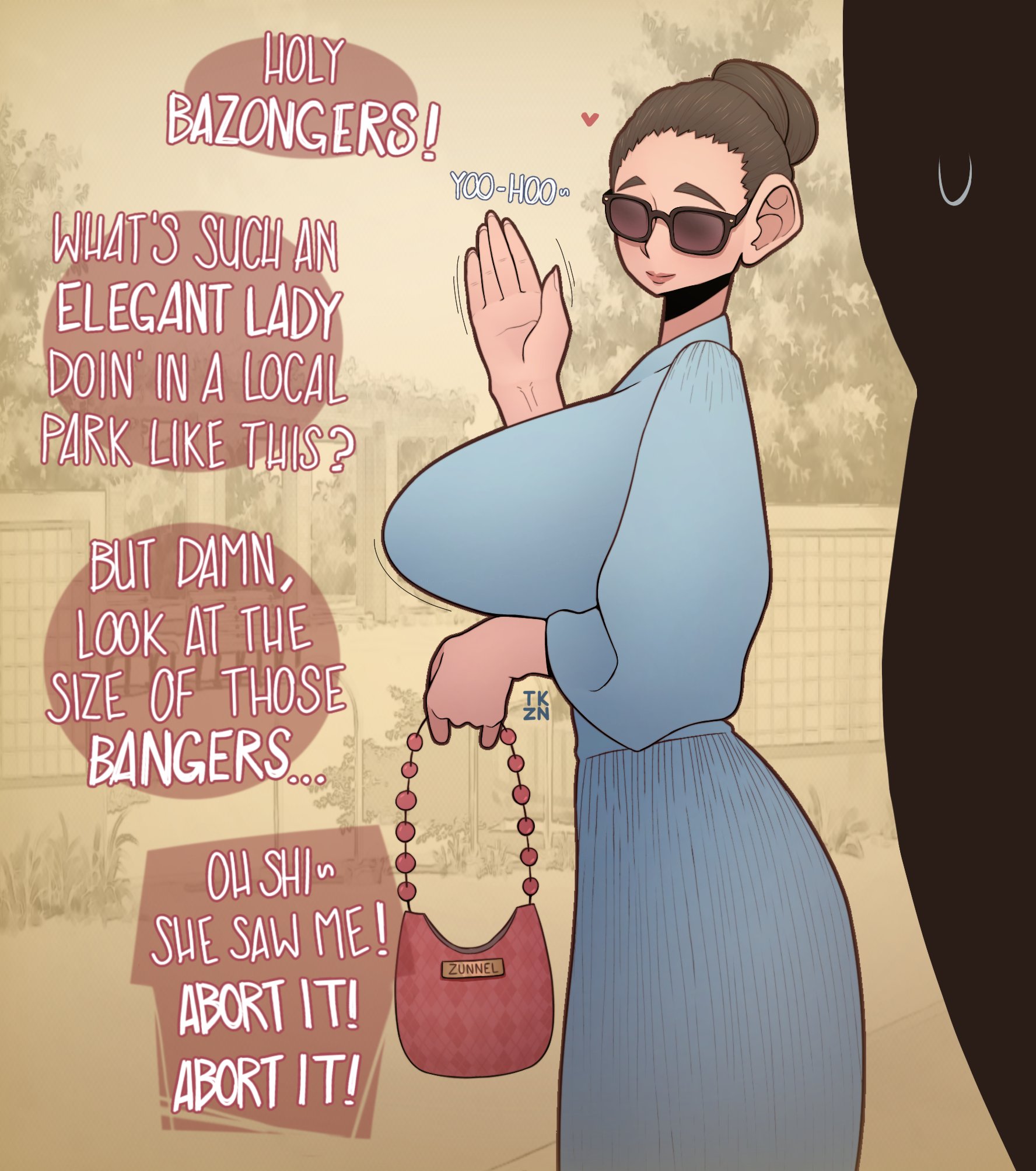 1girls, big boobs, big breasts, big tits, boobs, breasts, english text, glasses, hair bun, hairbun, original, purse, speech bubble, takyzen, talking, text, text bubble, tits