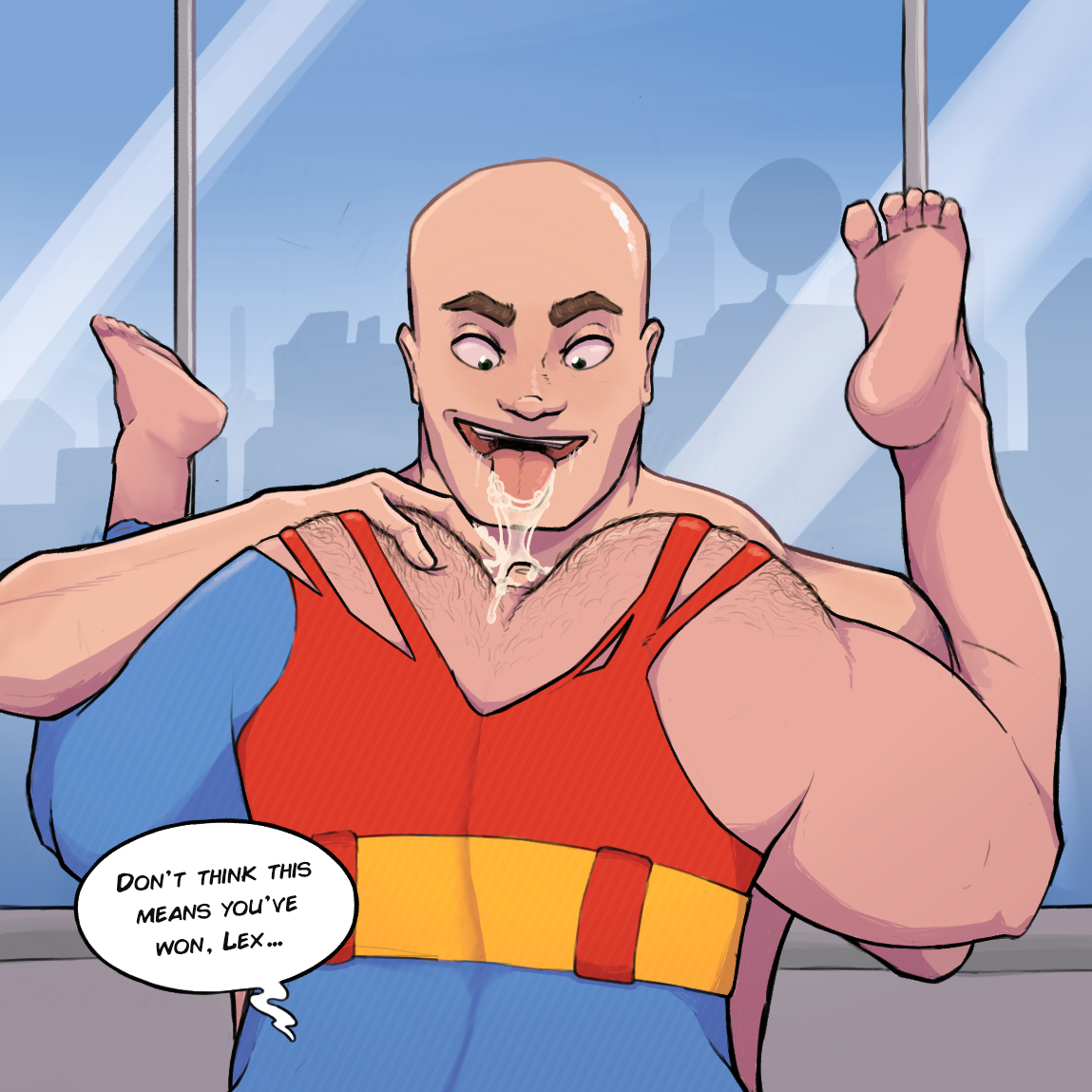 1boy, 2d, analingus, ass, bald, big ass (male), big butt (male), braingoesfast, color, dc, dc comics, dc extended universe, dcu, english text, fingering, fingering ass, full color, gay, gay male, gay sex, hairy ass, lex luthor, lex luthor (dcu), male, male focus, male only, male rimming male, naked, naked male, no visible genitalia, rimjob, rimming, rimming male, ripped clothes, ripped clothing, salive, self upload, smile, speech bubble, superhero, superman, superman (2025), superman (clark kent), superman (dcu), superman (series), torn clothing, villain, yaoi