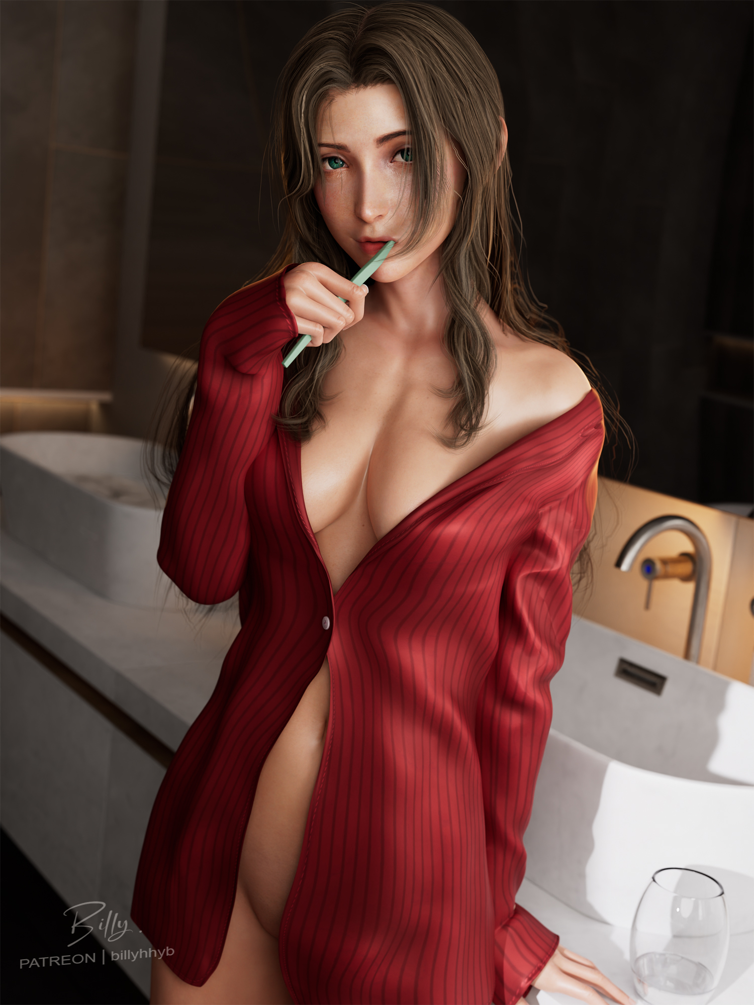 1girls, 2025, 3d, aerith gainsborough, bathroom, billyhhyb, breasts, brushing teeth, cleavage, detailed background, female, female only, final fantasy, final fantasy vii, final fantasy vii remake, front view, green eyes, indoors, light brown hair, long hair, looking at viewer, medium breasts, navel, nude underneath, shirt, shirt only, skinny, skinny female, solo, standing, toothbrush, very long hair, waking up