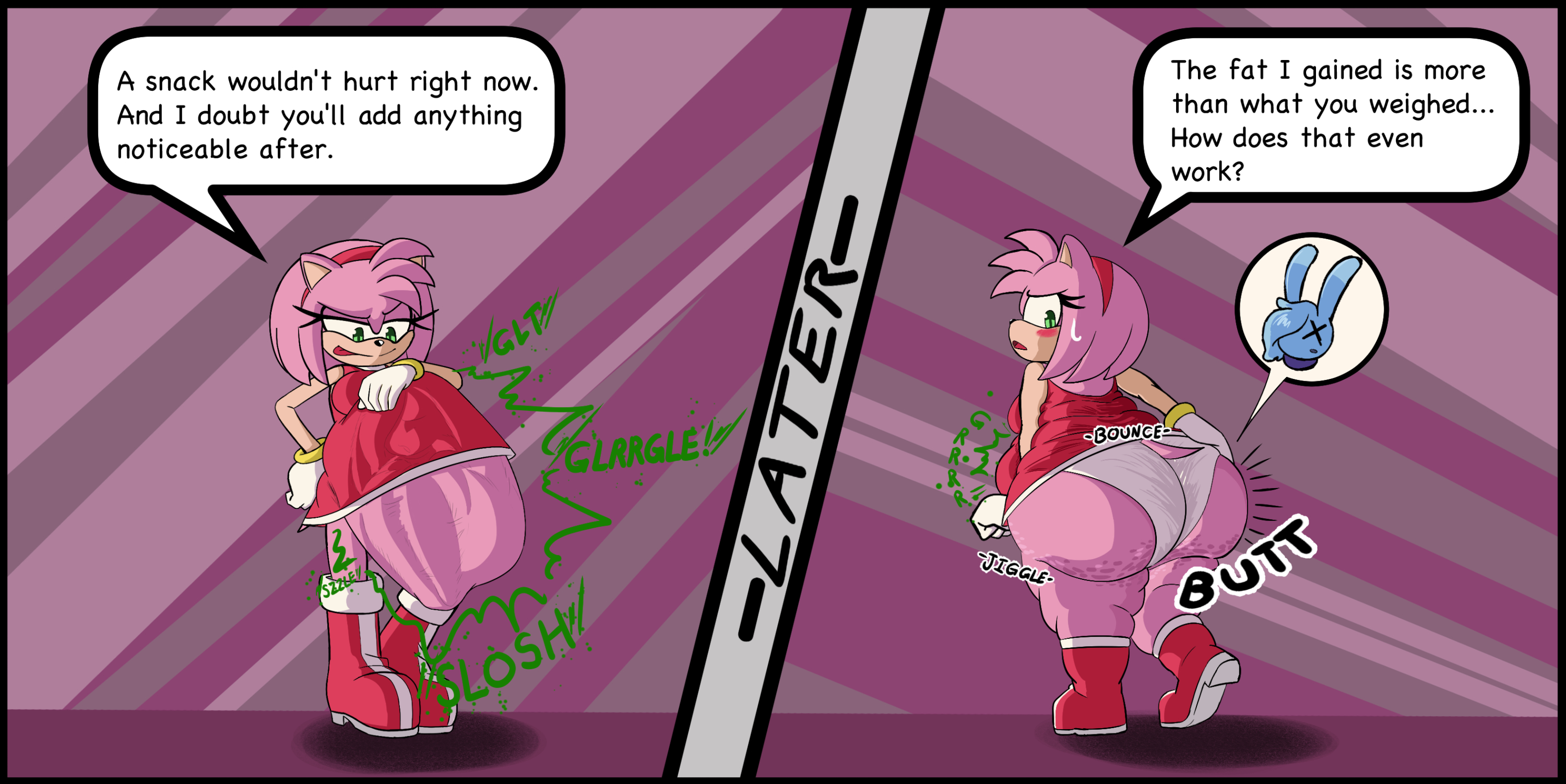 amy rose, ass expansion, digested, digested prey, digestion, digestion noises, huge ass, ooflydoofly, same size vore, sequence, sluggo, soft vore, sonic (series), unwilling, unwilling prey, unwilling vore, vore, vore belly, weight gain
