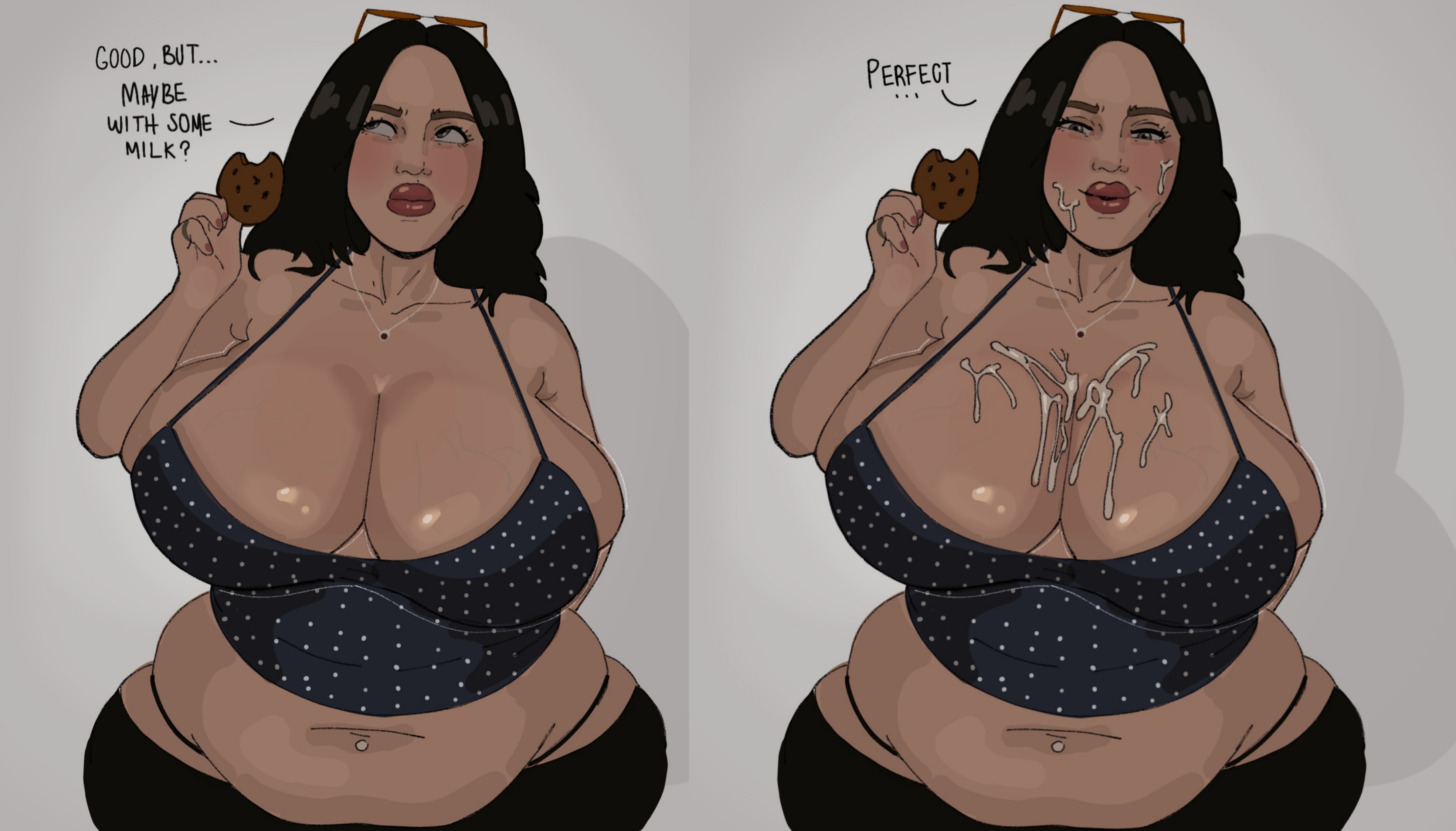 bbw, big belly, big breasts, billie eilish, celebrity, chubby, chubby female, clothed, comic, crullet, cum, cum on body, cum on breasts, cum on face, curvy, curvy figure, dialogue, english text, fat, huge breasts, ineffective clothing, massive breasts, mini comic, real person