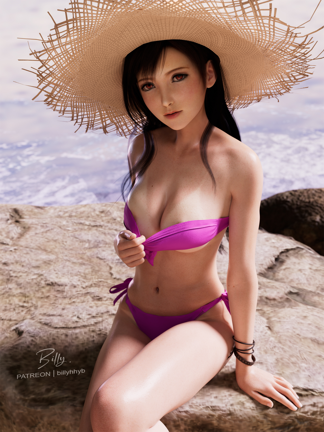 1girls, 2025, 3d, alternate version available, areolae, areolae slip, beach, beachside, big breasts, bikini, bikini bottom, bikini only, bikini pull, bikini top, billyhhyb, black hair, bracelet, bracelets, breasts, eyeliner, female, female only, final fantasy, final fantasy vii, final fantasy vii remake, image set, legs together, light makeup, lipstick, long hair, looking at viewer, outdoors, pulling on bikini, red eyes, sitting, solo, strapless bikini, straw hat, sun hat, tanline, tanlines, tifa lockhart, very long hair