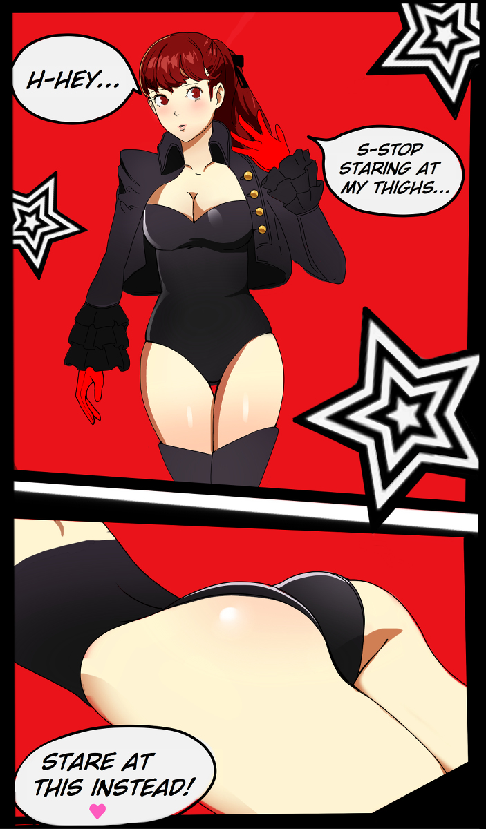 ass atlas blush breasts cleavage english_text female female_only gloves jacket kasumi_yoshizawa large_breasts leotard long_hair megami_tensei persona persona_5 persona_5_royal ponytail red_eyes red_gloves red_hair solo sumire_yoshizawa sunbeam_(artist) text thick_thighs thighs