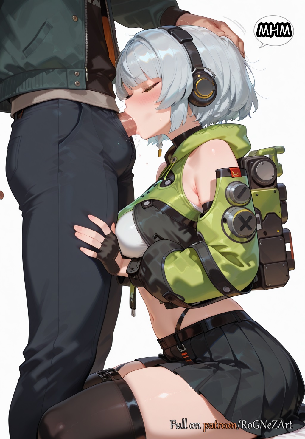 1boy, 1girls, 2025, ai generated, anby demara, backpack, bag, bangs, bare shoulders, black skirt, blowjob, blush, breasts, cleavage, closed eyes, crop top, cute, deep blowjob, deepthroat, detached sleeves, erection, explicit, eyes closed, female, female focus, fingerless gloves, flushed, fringe, from side, gloves, green jacket, grey hair, hand on head, handwear, headphones, highres, hoyoverse, huge breasts, jacket, kneeling, large breasts, light-skinned female, long sleeves, male, midriff, mihoyo, miniskirt, navel, oral, orange eyes, pale-skinned female, pants, patreon, penis, petite, pleated skirt, rognezart, saliva, shirt, short hair, simple background, sitting, skirt, slim, solo, solo focus, speech bubble, straight, thighhighs, tight throat, uncensored, white background, wise (zenless zone zero), yellow eyes, zenless zone zero