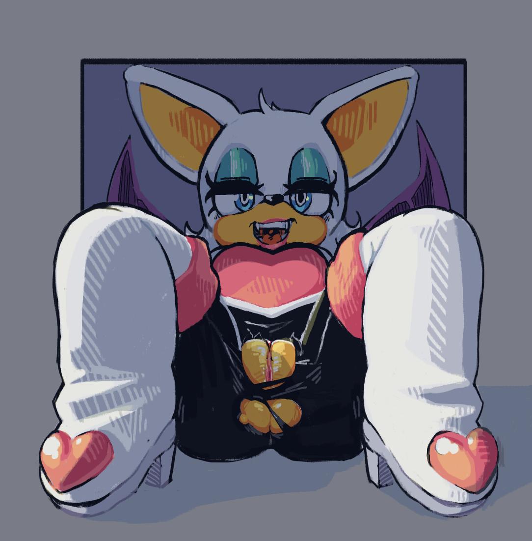anthro, bat, big breasts, breasts, chiropteran, clothed, clothing, eyeshadow, female, fur, furry, furry only, gloves, hair, latchk3y, looking at viewer, makeup, mammal, open mouth, pussy, ripped clothing, rouge the bat, simple background, smile, solo, sonic (series), torn clothing, wardrobe malfunction, wings