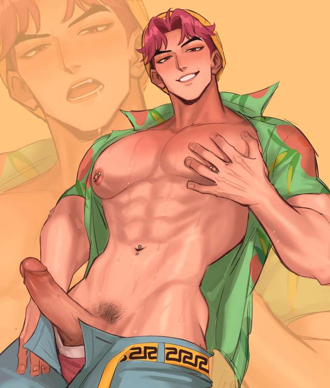 1boy, abby (kpop demon hunters), belly piercing, kpop demon hunters, male, male only, muscular, muscular male, partially clothed, pecs, pectorals, penis, penis out, pierced nipples, piercing, pink hair, pubes, pubes exposed, pubic hair, saja boys, sombre slahc