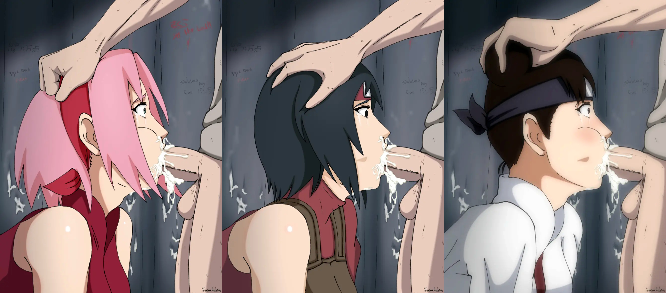3boys, 3girls, black hair, cheek bulge, color, cum, fellatio, female, furutaka, kneeling, kunoichi, kurotsuchi, male, mouth full, multiple females, multiple girls, nakadashi, naruto, naruto (series), naruto shippuden, ninja, oral, penis, penis lick, pink hair, sakura haruno, short hair, tenten, uniform