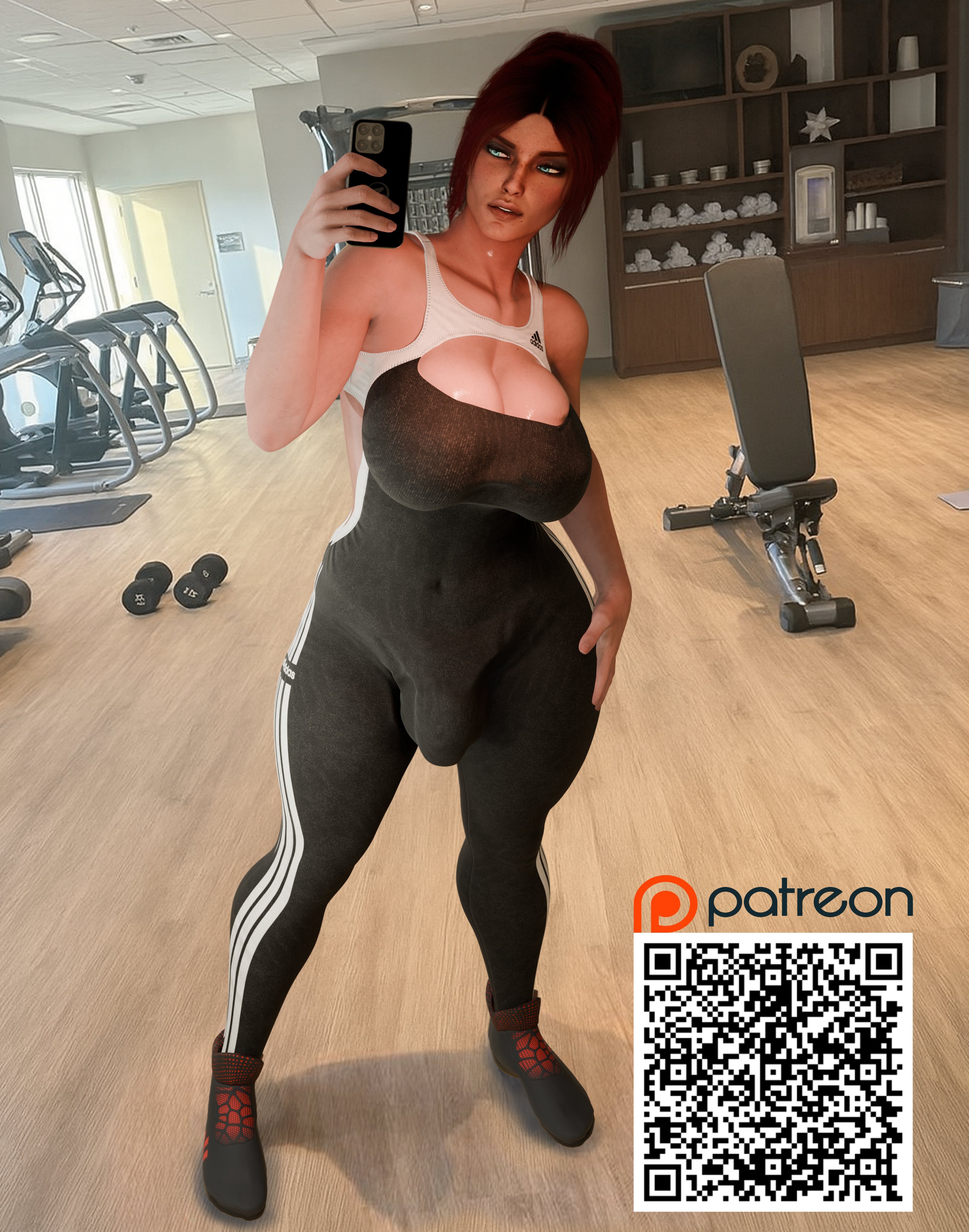 1futa, 3d, big breasts, breasts, bulge, bulge through clothing, cd projekt red, cleavage, futanari, gym, huge breasts, paperman nsfw, red hair, selfie, smartphone, solo futa, the witcher (series), the witcher 3: wild hunt, triss merigold