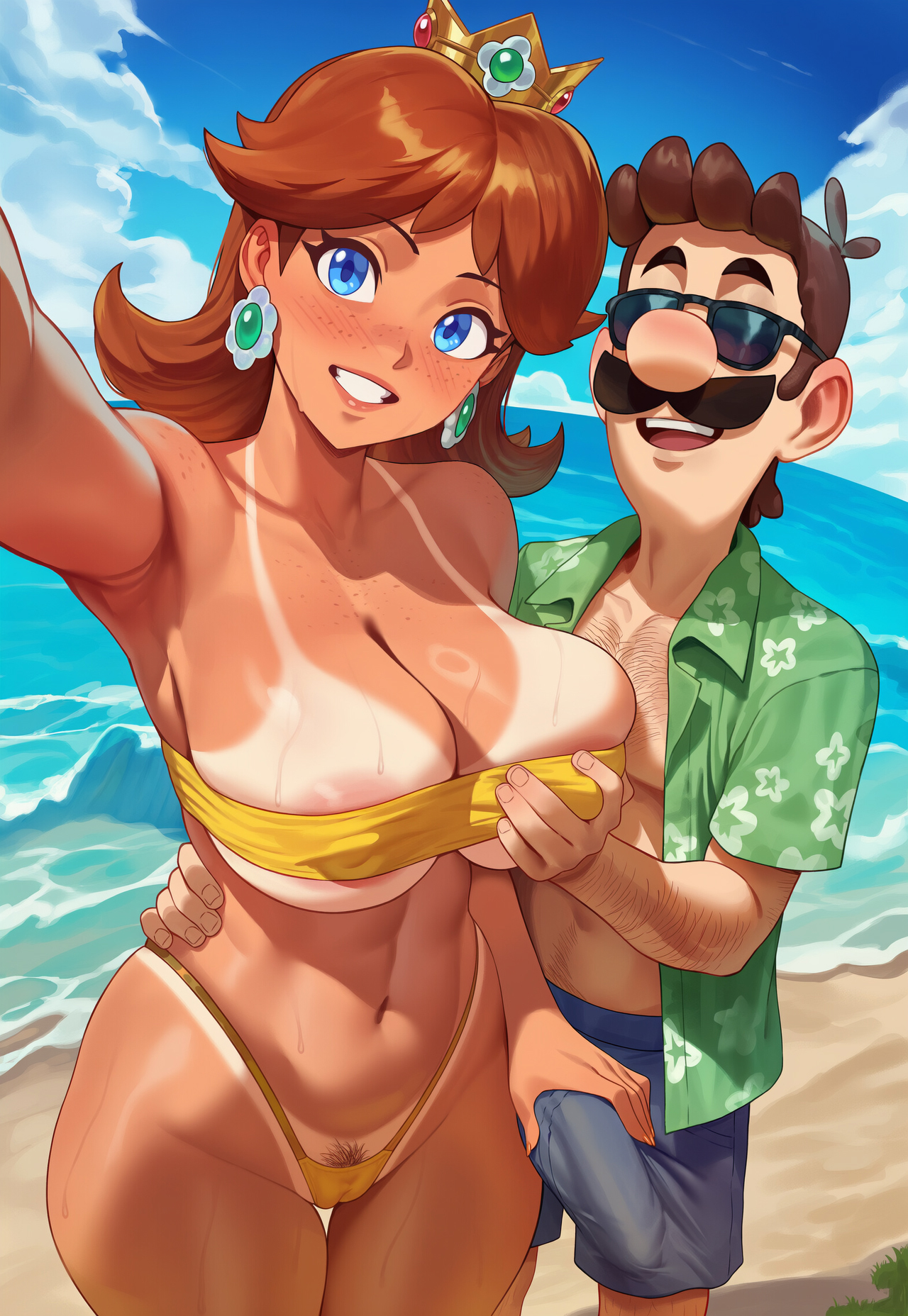 1boy1girl, ai generated, arm around waist, bandeau, beach, blue eyes, blush, breast grab, breasts, brown hair, cameltoe, cleavage, couple, covered nipples, covered penis, crotch grab, crown, earrings, erect nipples, erect nipples under clothes, erection under clothes, female, freckles, g-string, g-string bikini, grabbing own breast, groping, highleg panties, huge breasts, jagat ai, large breasts, luigi, male, male/female, mario (series), medium hair, open shirt, outdoors, penis, princess daisy, pubic hair, pubic hair peek, selfie, shorts, smile, straight, sunglasses, sweat, tan, tanline, tanlines, yellow bikini