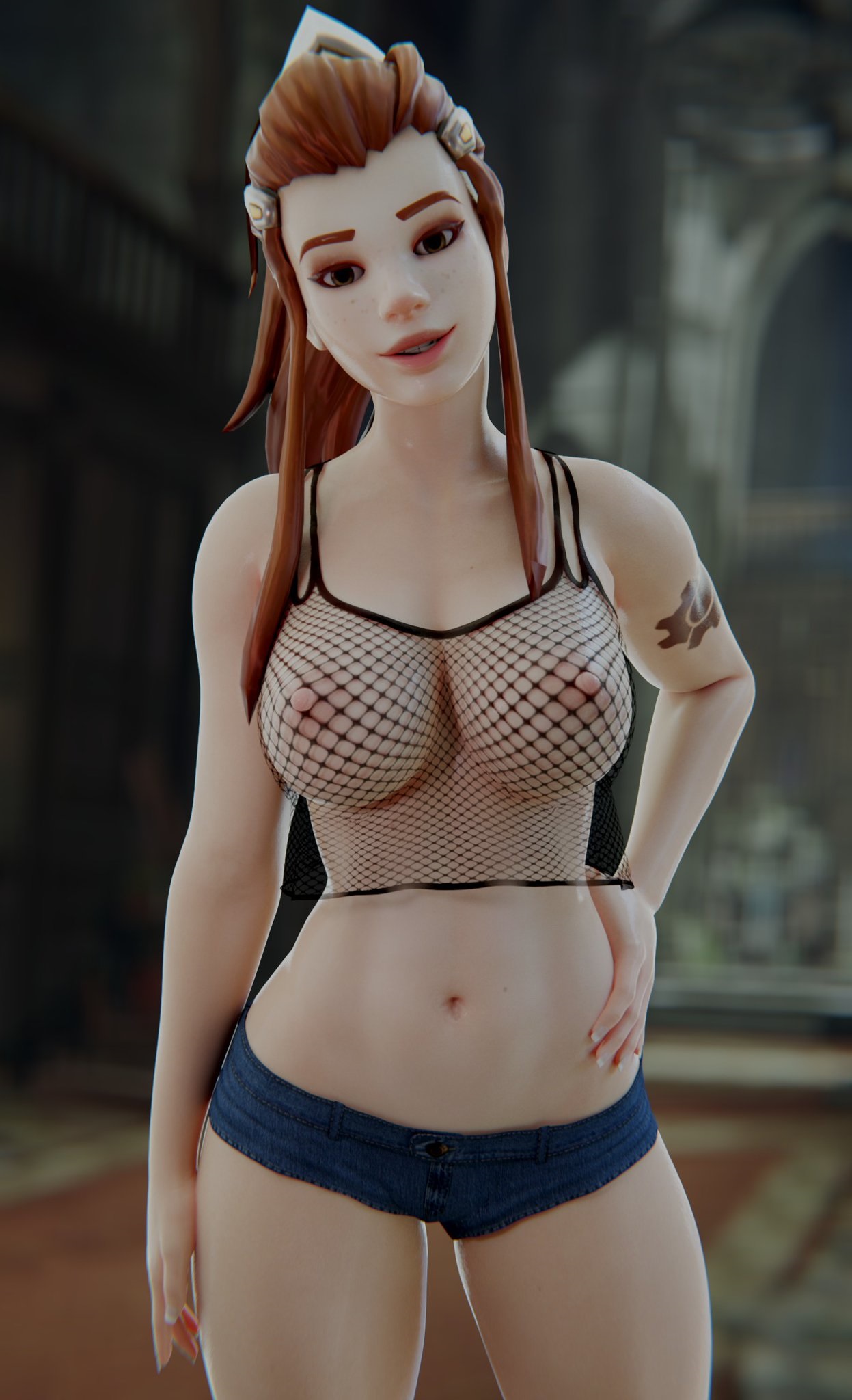 1girls, 3d, blender, breasts, brigitte, brown hair, clothed, female, female only, fishnet shirt, fishnet top, fishnets, looking at viewer, nipples, overwatch, pollarmatt, shirt, solo, tank top, tattoo, thick thighs, wide hips