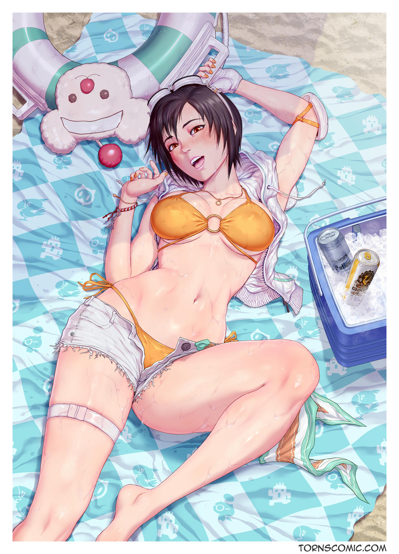 beach, bikini, black hair, blush, breasts, cooler, female, female only, final fantasy, final fantasy vii, final fantasy vii rebirth, final fantasy vii remake, hazel eyes, large breasts, seaside, short hair, short shorts, thick thighs, torn s, yuffie kisaragi, yuffie kisaragi (summer orange)