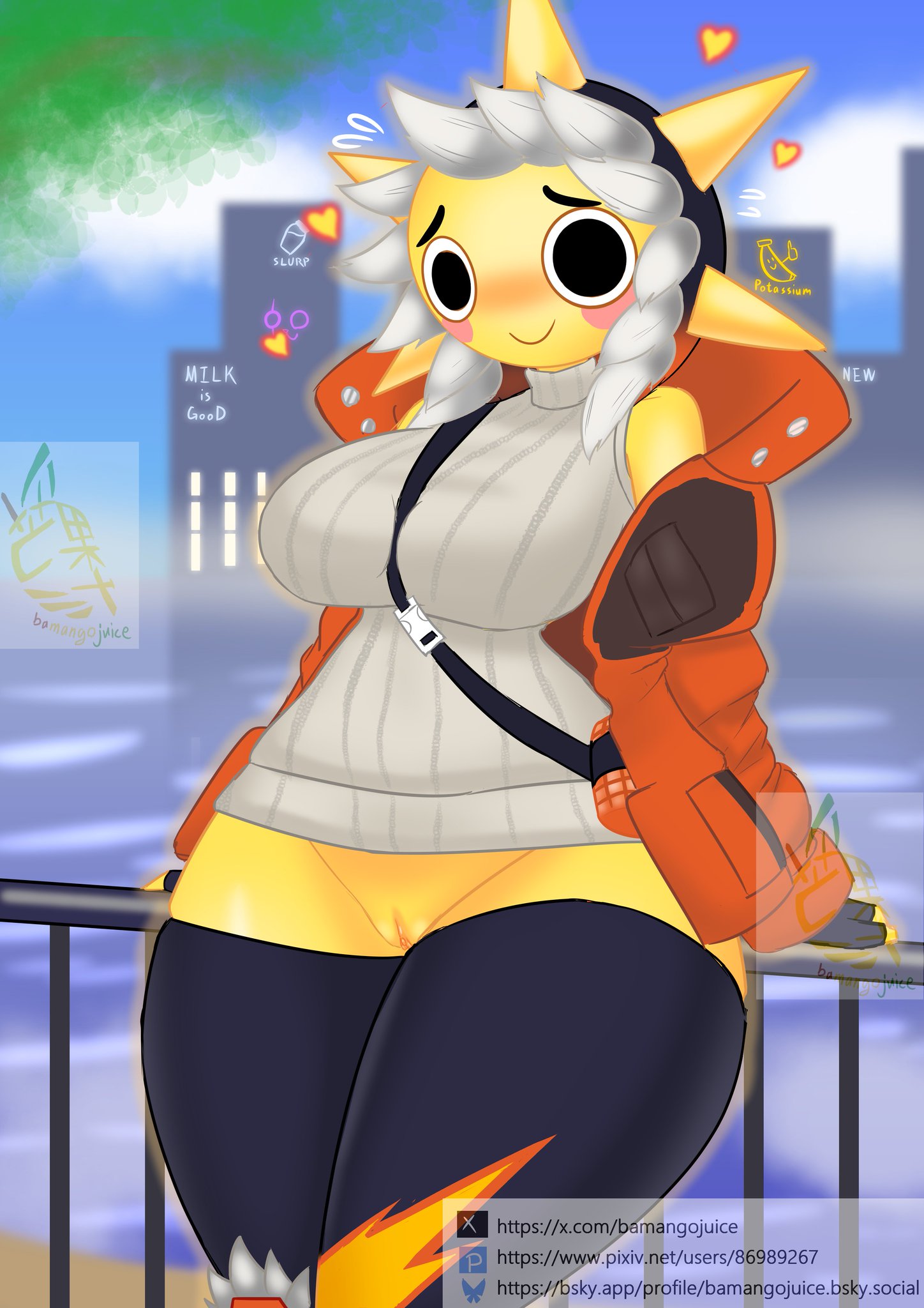 1girls, 2d, 2d (artwork), almost naked, almost nude, anthro, anthrofied, artist name, bamangojuice, banana symbol, big breasts, big eyes, black eyebrows, black eyes, blue sky, blush, blush stickers, blushing at viewer, blushing female, breasts, bsky link, city, city background, clitoris, cloud, clouds, cloudy sky, color, colored, detailed background, digital media (artwork), epic games, eyebrows, female, female focus, female only, fog, foggy, foggy background, fortnite, fortnite: battle royale, genderswap, genderswap (mtf), genitals, gloves, glowing, gray sweater, hand on fence, handbag, heart, heart-shaped pupils, hearts around head, hi res, high resolution, highres, hooded jacket, humanoid genitalia, humanoid hands, humanoid legs, iron fence, jacket, kneehighs, leaf, long socks, neck, no panties, no pants, orange jacket, owo, pixiv link, pixiv logo, pixiv username, pocket, pockets, pussy, rule 63, shading, shirt, sky, smile, smile at viewer, smiley face, smiling, smiling at viewer, socks, sun, sun girl, sun humanoid, sunspot (fortnite), sweatdrop, sweater, text, text background, thick, thick butt, thick hips, thick legs, thick thighs, thighs, thighs bigger than head, tree, trees, twitter link, twitter logo, twitter username, uncensored, uncensored pussy, uncensored vagina, vagina, vaginal, video game, video game character, video games, water, yellow pussy