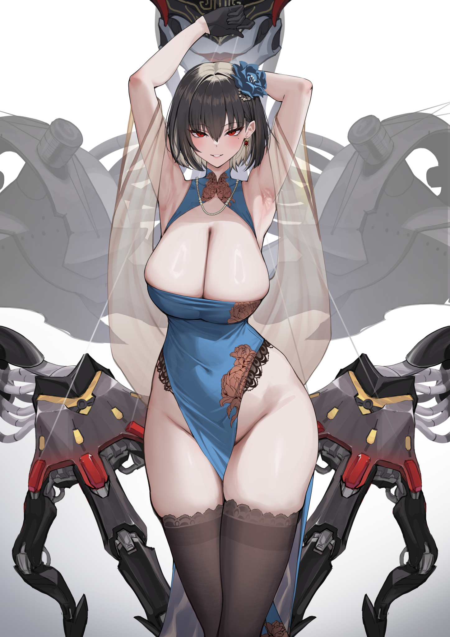 armpits, arms up, azur lane, bare shoulders, black gloves, black hair, black thighhighs, blue dress, blue flower, blush, breasts, cg, chien wu (azur lane), chien wu (dressed for just tonight) (azur lane), china dress, chinese clothes, cleavage, cleavage cutout, clothing cutout, covered navel, dress, earrings, female, floral print, flower, gloves, grin, groin, hair between eyes, hair flower, hair ornament, half gloves, huge breasts, jewelry, lace trim, large breasts, looking at viewer, mole, no panties, parted lips, pelvic curtain, red eyes, rose, short hair, sleeveless, sleeveless dress, smile, solo, standing, thighhighs, thighs