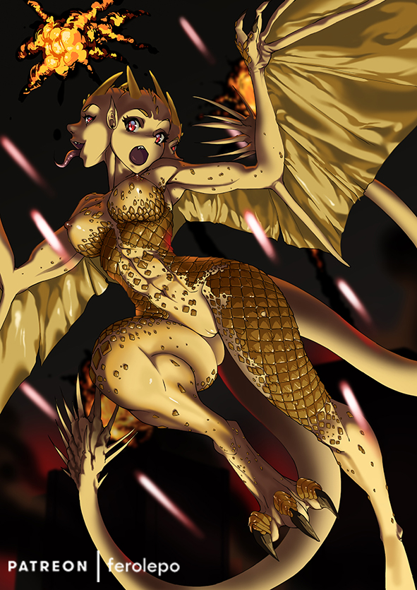 anthro breasts dragon dragon_girl female ferolepo godzilla_(series) humanoid kaiju king_ghidorah membranous_wings monster monster_girl pussy rule_63 wings