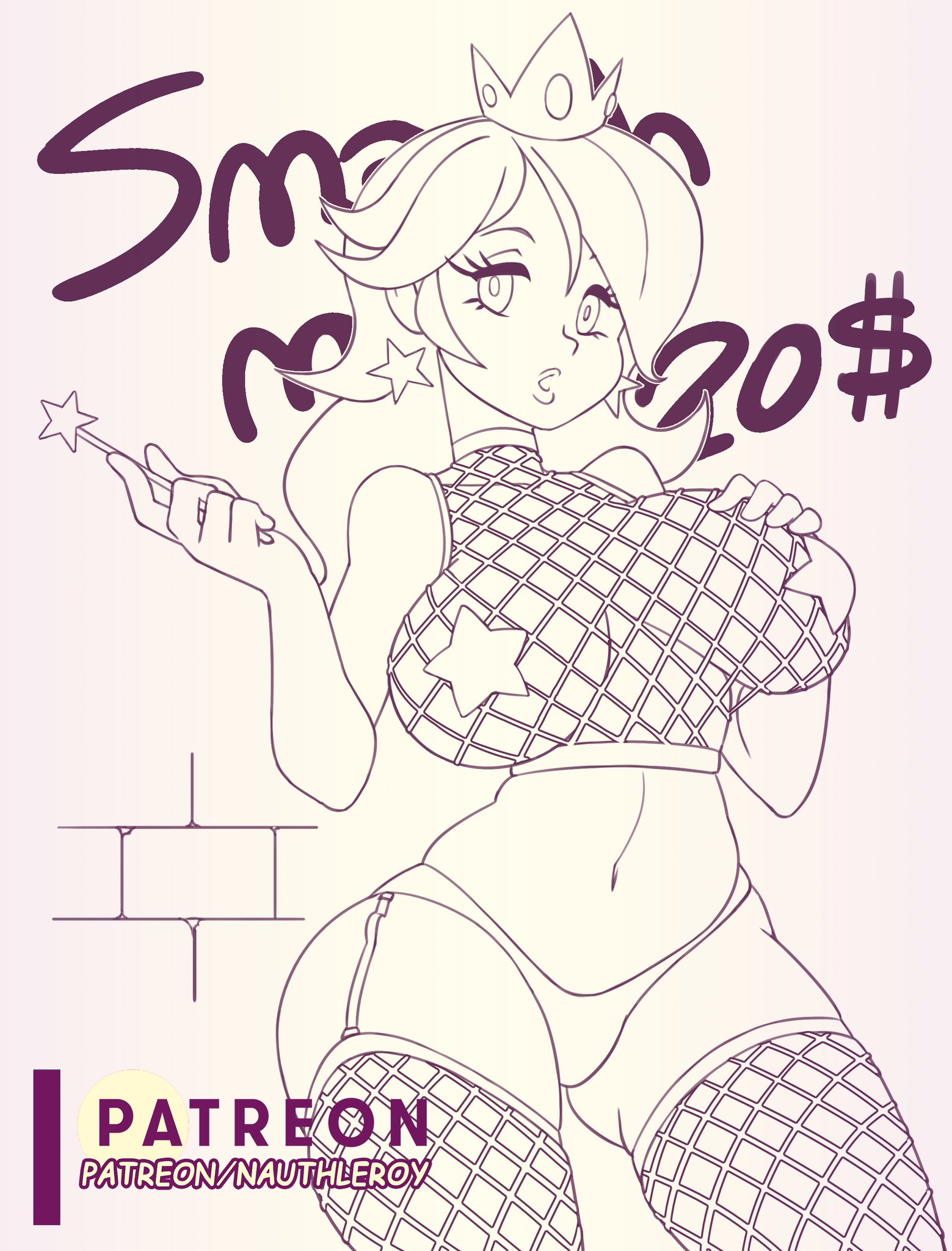 1girls, big breasts, bimbo, black and white, breasts, busty, earrings, female, female only, fishnet legwear, fishnet shirt, fishnet thighhighs, fishnet top, fishnets, holding wand, long hair, mario (series), midriff, monochrome, nauth, nauth le roy, navel, nintendo, panties, pasties, princess rosalina, prostitution, solo, standing, star pasties, super mario galaxy, wand, zettai ryouiki