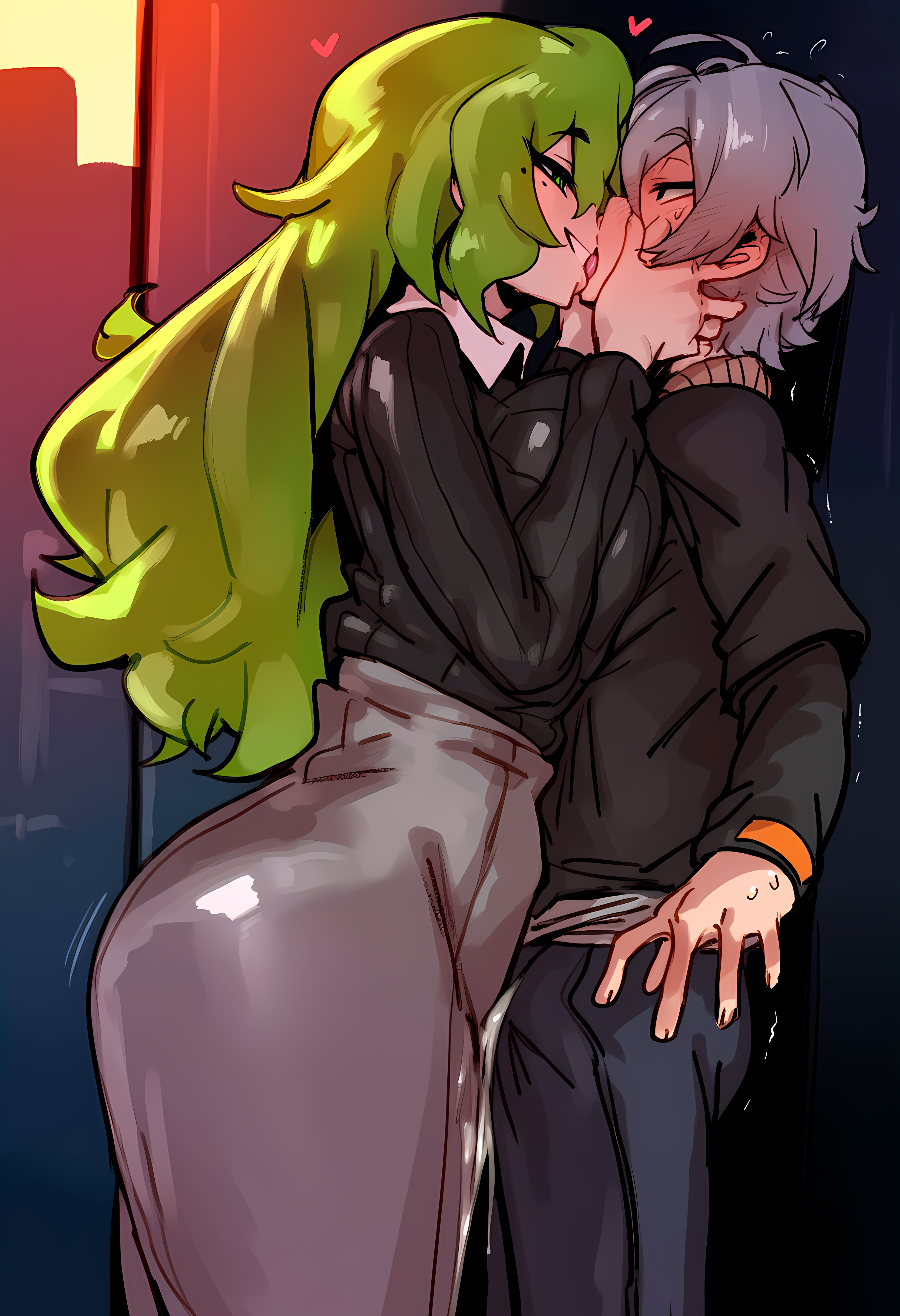1boy, 1girls, acceptance, against wall, ai generated, alley, big breasts, big butt, blush, breast press on chest, breasts, collared shirt, cum, cum in pants, cum on partner's leg, cum on self, cum under clothes, cumming from kissing, deep kissing, dominant, dominant female, erection, erection under clothes, female, french kiss, fully clothed, grabbing another's head, green eyes, green hair, grey hair, hands on face, hands on partner, heart, hoyoverse, jacket, kissing, long skirt, looking at each other, looking at partner, male, mole, mole under eye, npc (zenless zone zero), orgasm from kissing, standing, staring into eyes, straight, submissive, submissive male, sweat, sweater, taller female, tongue, trembling, trembling spikes, tsuyogari ai, venus (zenless zone zero), wise (zenless zone zero), zenless zone zero