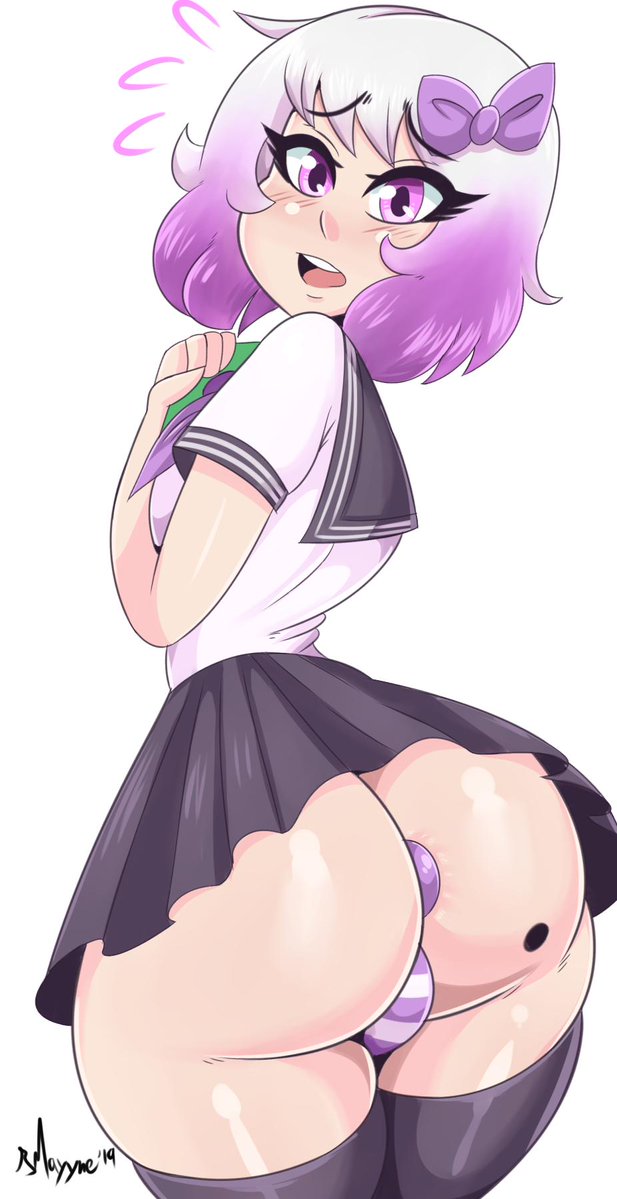 1boy, androgynous, ass, blush, bmayneart, bow, bulge, crossdressing, femboy, girly, looking back, lylac (bmayneart), male, male only, open mouth, original, original character, panties, purple eyes, shimapan, skirt, striped panties, thighs, tongue, trap, two-tone hair