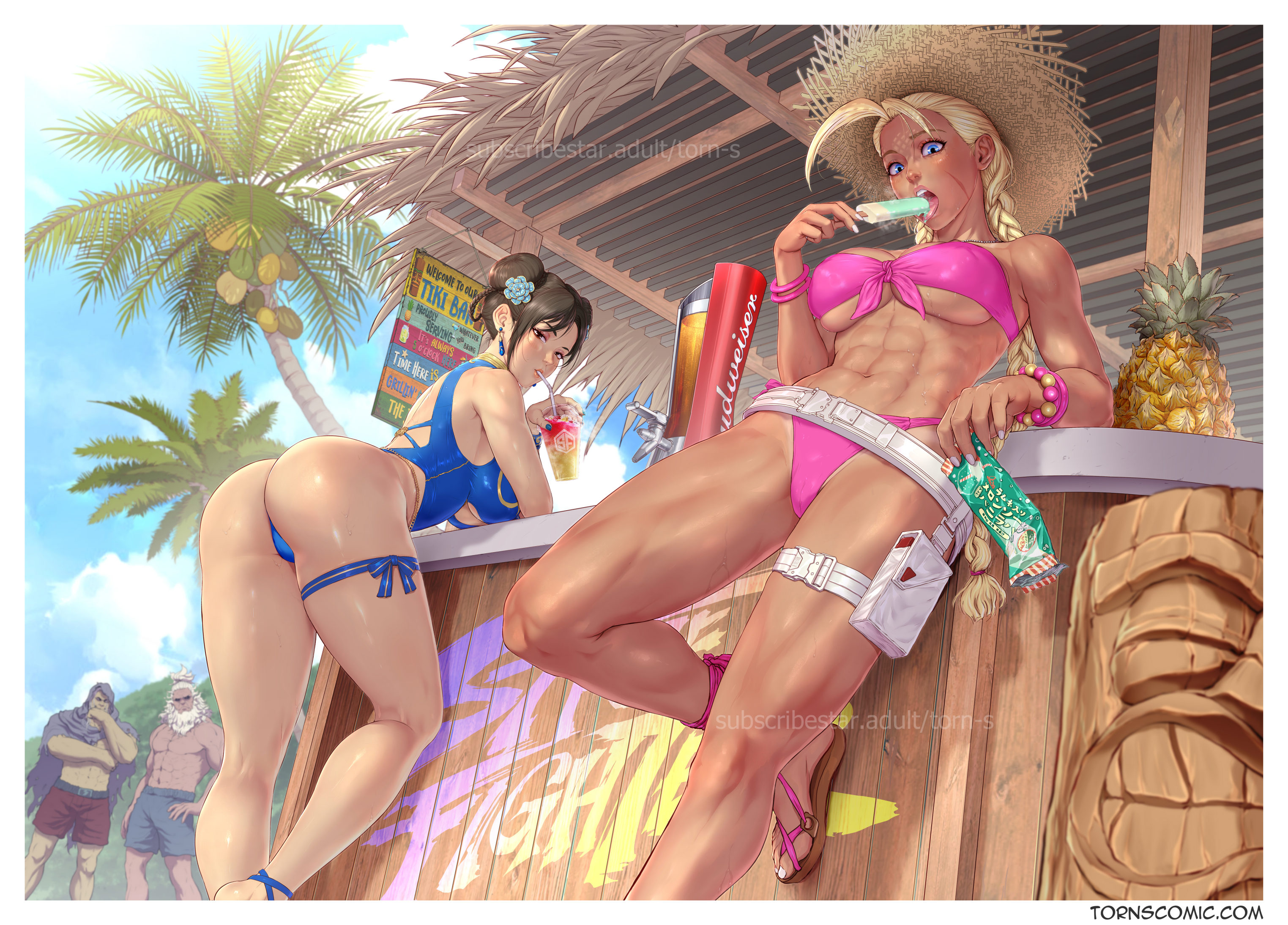 2boys, 2girls, abs, akuma, asian female, ass, athletic female, beach, belt, bikini, blonde hair, blue eyes, breasts, brown eyes, brown hair, bubble butt, cammy white, capcom, chun-li, drinking, fat ass, fat breasts, female, fit female, flower in hair, large breasts, m bison, male, milf, muscular, muscular female, one-piece swimsuit, palm tree, popsicle, scar, six pack, street fighter, street fighter 6, sucking popsicle, sunhat, sweat, swimsuit, tan skin, tanned skin, thick thighs, torn s, twin braids, underboob, voluptuous