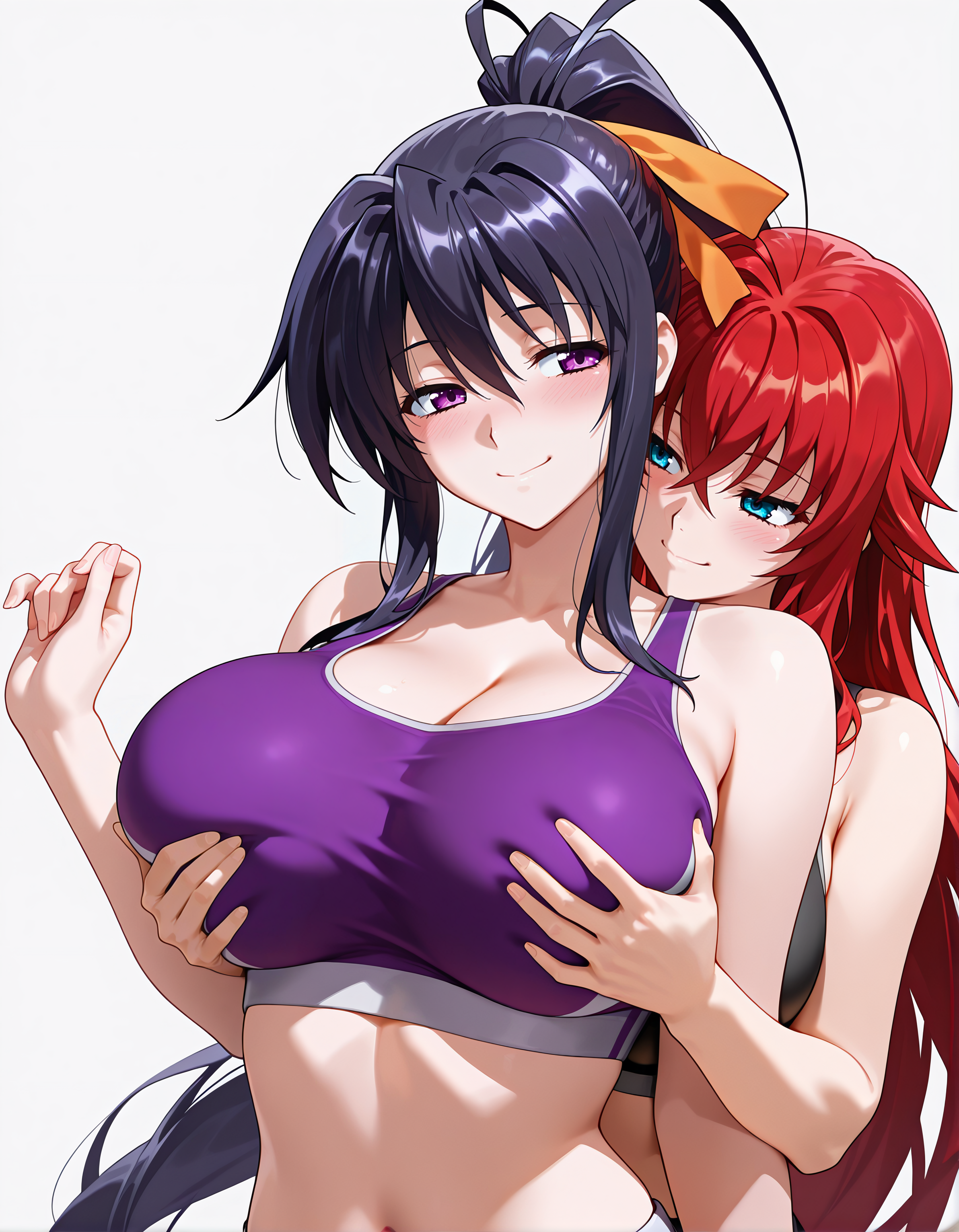 2girls, ai generated, akeno himejima, big breasts, blush, breasts, curvy, curvy female, female, female only, girlfriends, grabbing another's breasts, grabbing breasts, grabbing breasts from behind, high school dxd, lesbian couple, rias gremory, smile, voluptuous female, wife and wife, yuri