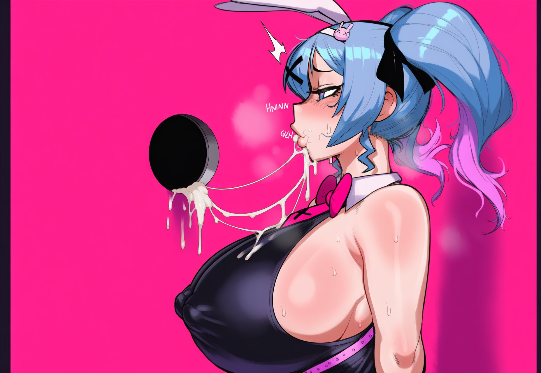 1girl, after fellatio, ai generated, animal ears, bare shoulders, blue eyes, blue hair, blush, bow, bowtie, breasts, breath, bunny ears, bunnysuit, covered nipples, cum, cum in mouth, cum string, cum trail, fake animal ears, from side, glory hole, hair ornament, hair ribbon, hairclip, hatsune miku, heart, heart-shaped pupils, heavy breathing, huge breasts, long hair, multicolored hair, nipples visible through clothing, novelai, open mouth, pink background, pink bow, pink hair, purple eyes, purple hair, rabbit ears, rabbit hole (vocaloid), ribbon, sideboob, simple background, sleepingslop, sleeveless, solo, swallowing cum, sweat, sweaty, sweaty breasts, symbol-shaped pupils, tongue, tongue out, twintails, upper body, virtual youtuber, vocaloid