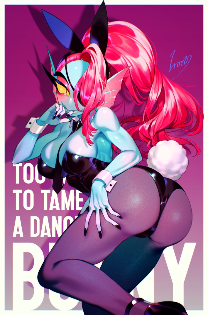 1girls, 2d, 2d (artwork), 5 fingers, absurd res, accessory, anthro, anthro only, arched back, artist name, artist signature, ass, ass focus, athletic, athletic anthro, athletic female, back view, bare back, bare shoulders, behind view, bent forward, bent over, big ass, big breasts, big butt, big thighs, black eyes, black fingernails, black heels, black high heels, black leotard, black nail polish, black nails, blue body, blue skin, border, bottomwear, breasts, bubble ass, bubble butt, bunny, bunny costume, bunny ears, bunny girl, bunny tail, bunnysuit, busty, busty female, butt focus, chest, cleavage, clothes, clothing, colored nails, curvaceous, curvy, curvy body, curvy female, curvy figure, detached sleeves, digital drawing (artwork), digital media (artwork), english, english text, exposed shoulders, eyebrows, eyelashes, eyepatch, eyeshadow, eyewear, female, female only, finger in mouth, fingernail polish, fingernails, fish, fish girl, fish humanoid, fit, fit female, footwear, full body, gills, glistening, glistening body, glistening breasts, glistening butt, glistening clothing, glistening eyes, glistening hair, glistening skin, hand on ass, hand on butt, hand on own ass, hand on own butt, hand on own leg, hand on own thigh, hatsune miku (cosplay), headgear, headwear, heels, high heels, hips, hourglass figure, huge ass, huge breasts, huge butt, huge thighs, humanoid, inner sideboob, irory, leaning forward, leg up, leotard, long hair, looking at viewer, looking back, looking back at viewer, makeup, mascara, monster, monster girl, mostly clothed, mostly clothed female, nail polish, narrowed eyes, no bra, no humans, no panties, no underwear, non-mammal breasts, one eye covered, one eye obstructed, pantyhose, playboy bunny, ponytail, pose, posing, presenting, presenting ass, presenting butt, presenting hindquarters, rabbit hole (cosplay), rabbit hole (vocaloid), raised leg, rear view, red eyeshadow, red hair, revealing clothes, seductive, seductive eyes, seductive look, seductive pose, shiny ass, shiny body, shiny butt, shiny clothes, shiny hair, shiny skin, shoes, short tail, side view, sideboob, simple background, skimpy, skimpy clothes, skin tight, skintight, slim waist, smooth skin, solo, solo female, standing, standing on one leg, tag panic, tail, text, thick legs, thick thighs, thighs, tie, tied hair, tight clothing, tight fit, tights, undertale, undertale (series), undyne, undyne (undertale), upper body, voluptuous, voluptuous female, white border, wide hips, yellow sclera