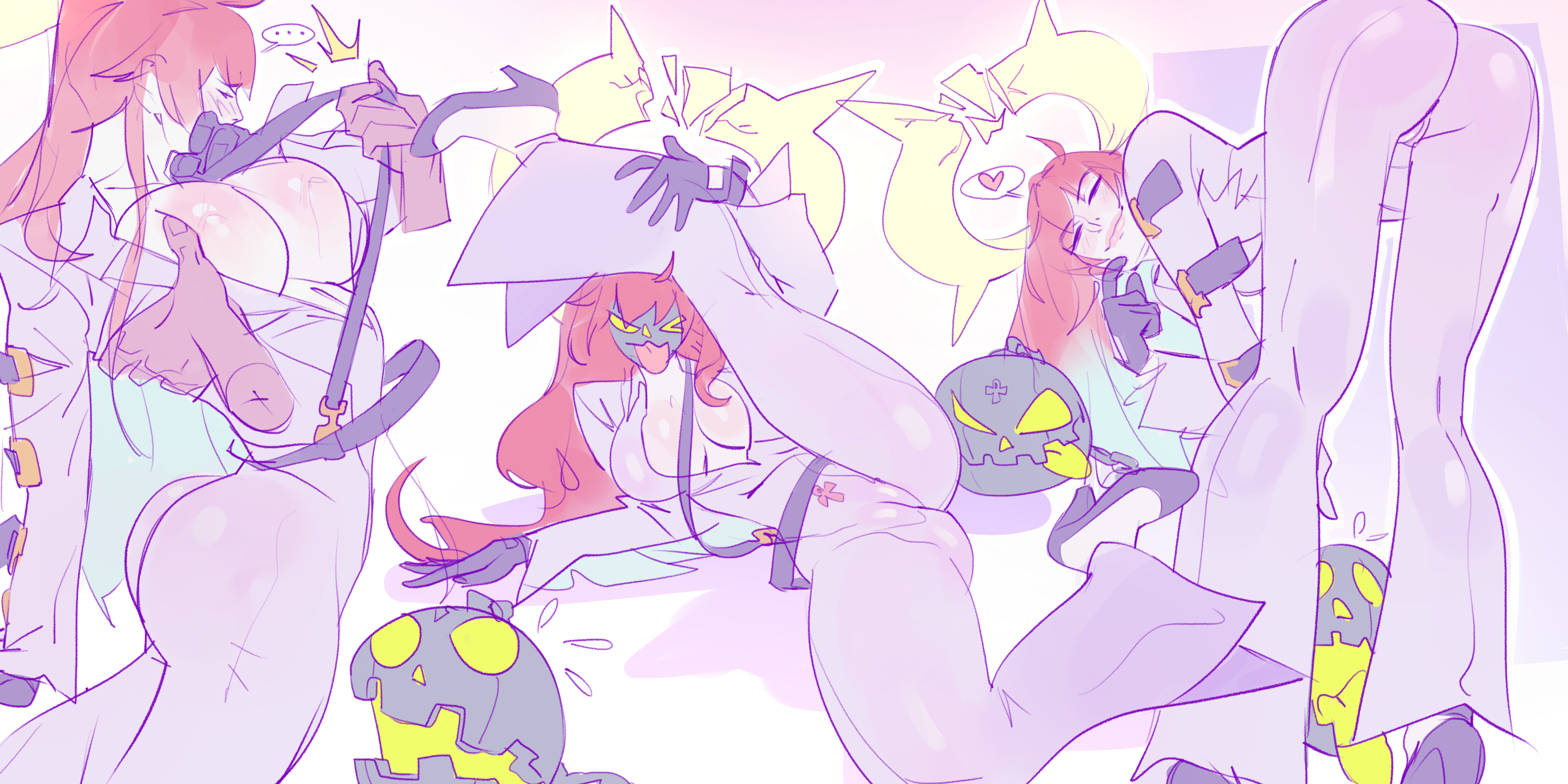 1boy, 1girls, asking for it, ass, big ass, big breasts, blush, bodysuit, boob window, breasts out, brown body, brown skin, child bearing hips, embarrassed, embarrassed female, female, free form, funny, guilty gear, guilty gear strive, halo, inverted nipples, inviting, inviting to fuck, inviting to sex, inviting viewer, jack-o' valentine, male, mask, masked, masked female, massive ass, nipples, no bra, no panties, offering, offering sex, offering to viewer, pink nipples, poking, poking breasts, pose, posing, posing for the viewer, presenting, presenting hindquarters, presenting pussy, pulling clothing, pussy, pussy visible through clothes, red hair, saigalisk, slap mark, teasing, teasing viewer, thick ass, thick hips, thick lips, vagina, vagina visible through clothing, white body, white skin